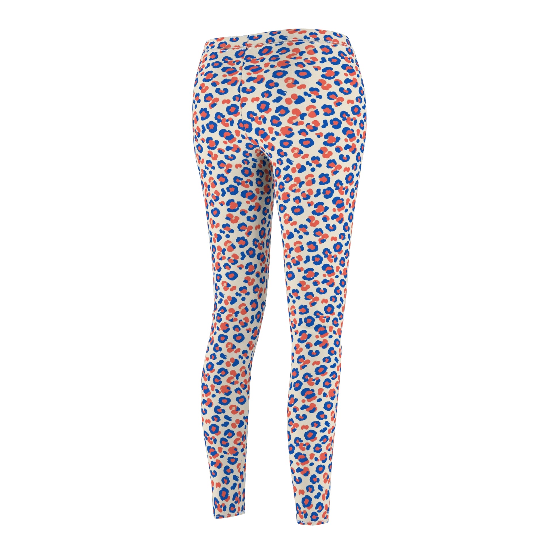 High-waisted leggings with an all-over leopard print pattern in blue, orange, and white, shown from the back on a plain white background. Stylish Colorful Pastel Leopard Print Leggings Casual Wear