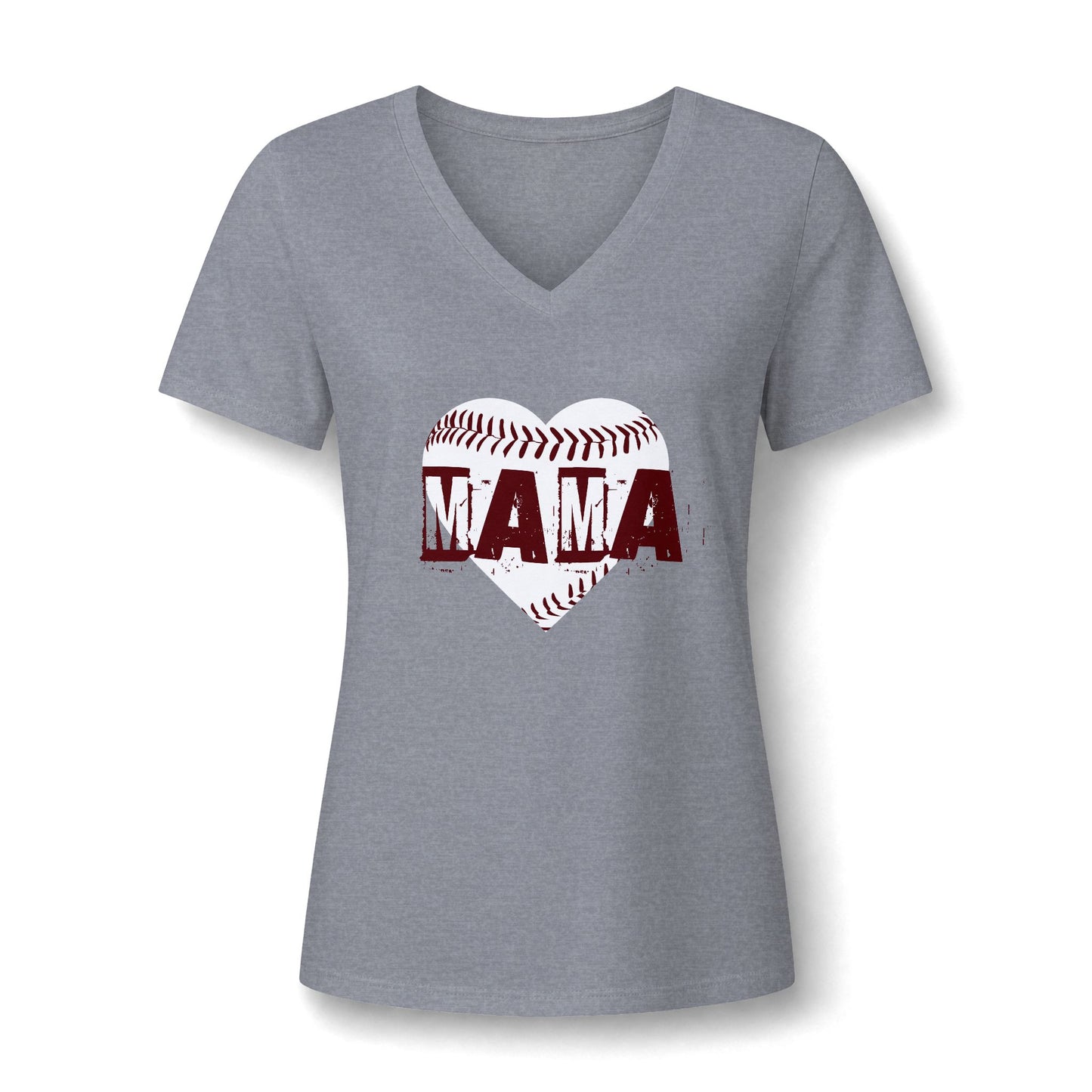 A women's heather gray V-neck t-shirt featuring a baseball-themed graphic on the chest. The graphic shows a heart shape formed by a baseball and the word 'MAMA' in distressed dark red letters.