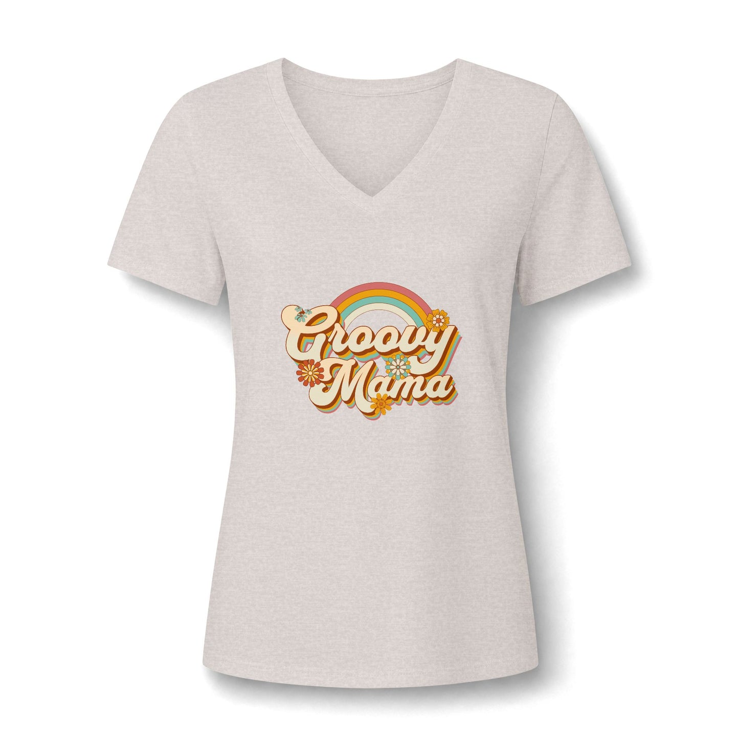 A women's short-sleeve V-neck t-shirt in light heather gray, featuring a retro-style 'Groovy Mama' graphic with a rainbow and gold stars on the chest.