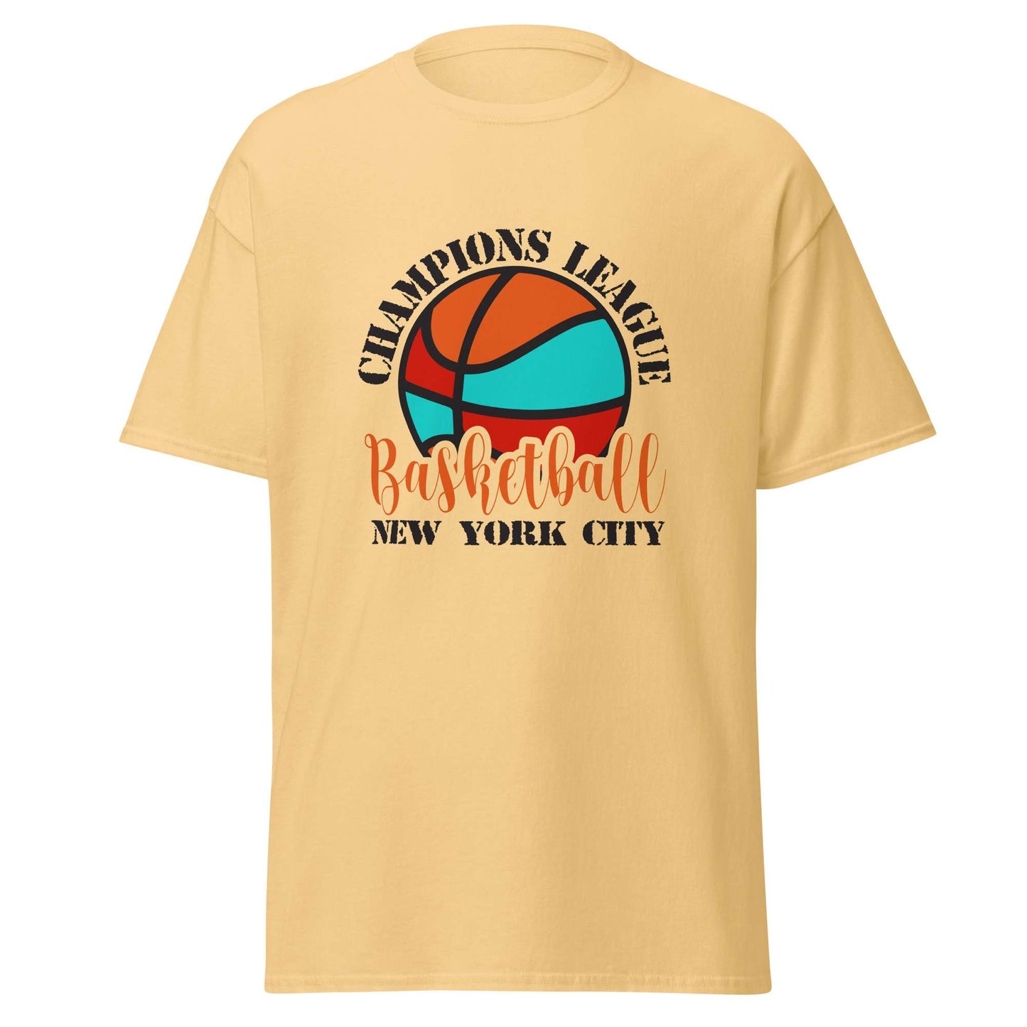 A pale yellow short-sleeve t-shirt with a graphic on the front featuring a stylized basketball in orange, red, and teal, with the text 'CHAMPIONS LEAGUE Basketball NEW YORK CITY' in black and orange. Stylish Comfortable Champions League Basketball New York City T-Shirt for Casual Wear