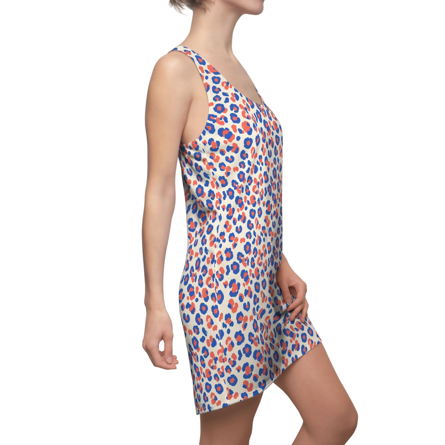 A woman modeling a sleeveless V-neck mini dress with a blue and orange leopard print on a white background, shown from a side profile against a plain white studio backdrop. Stylish Comfortable Colorful Leopard Print Women's Racerback Dress