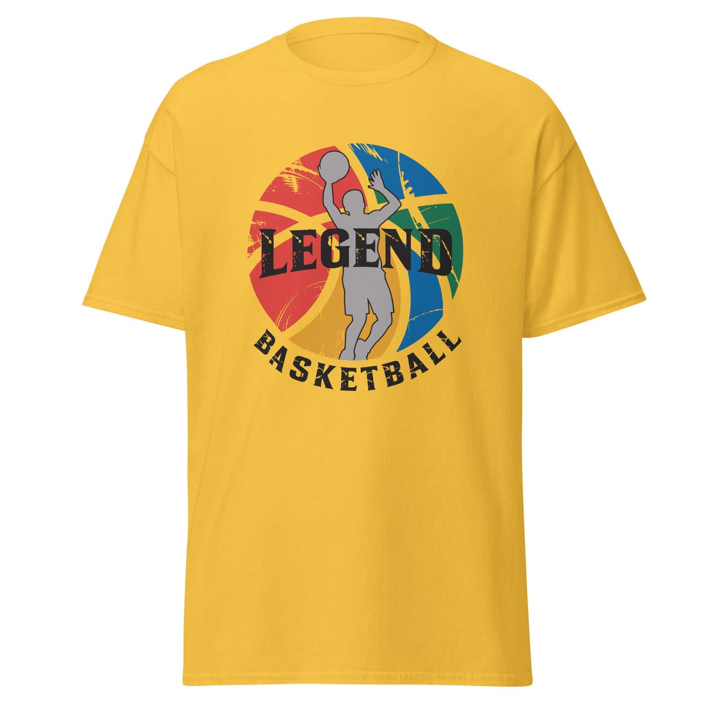 A yellow short-sleeve crewneck t-shirt featuring a circular graphic on the chest with a basketball player silhouette, a red, yellow, and blue basketball design, and the text 'LEGEND BASKETBALL'. Stylish Comfortable Legend Basketball Graphic T-Shirt Casual Outfits
