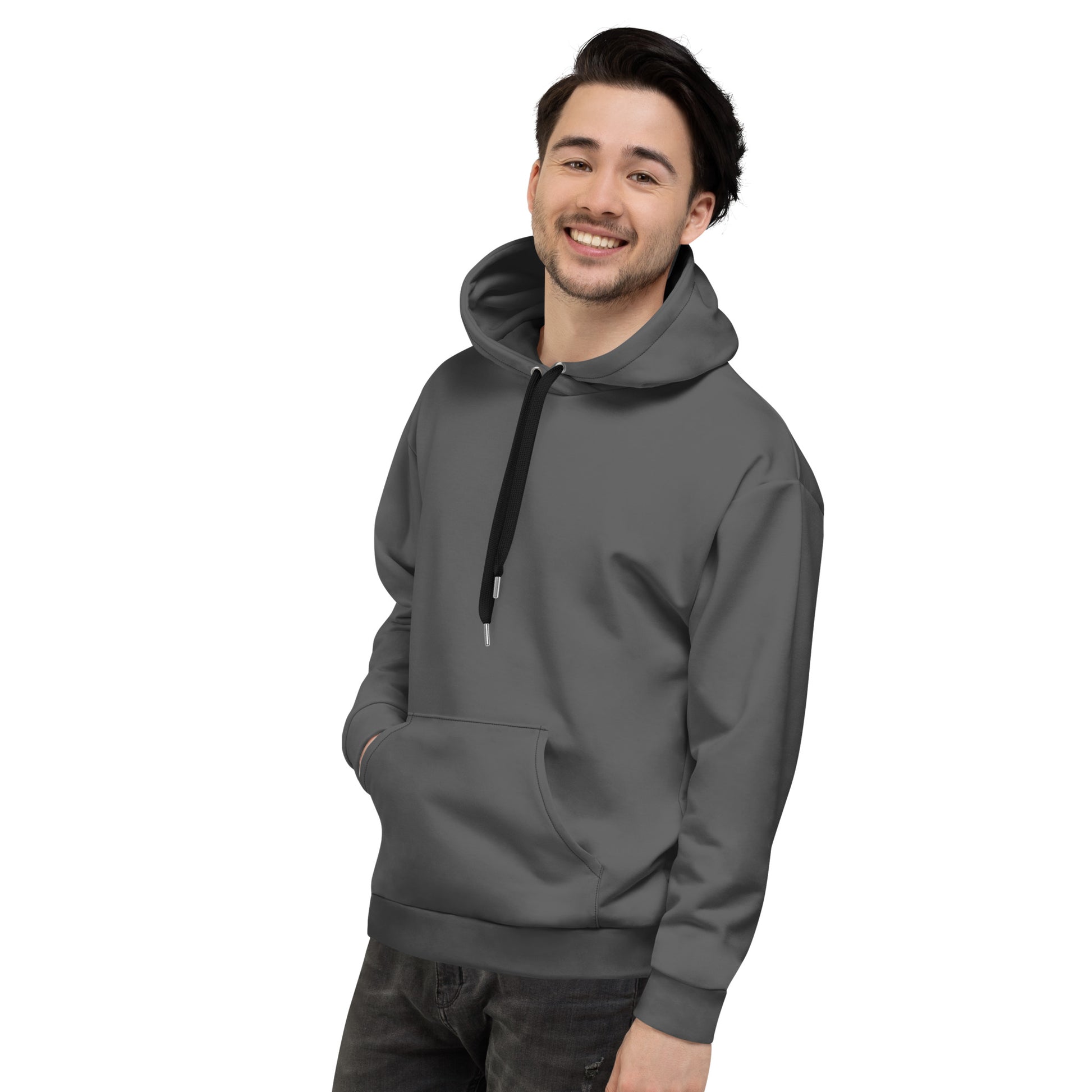A man wearing a dark gray pullover hoodie covered in a repeating black monogram pattern of letters and symbols, set against a plain white background. Stylish Comfortable Plain Gray Hoodie for Relaxed Wear
