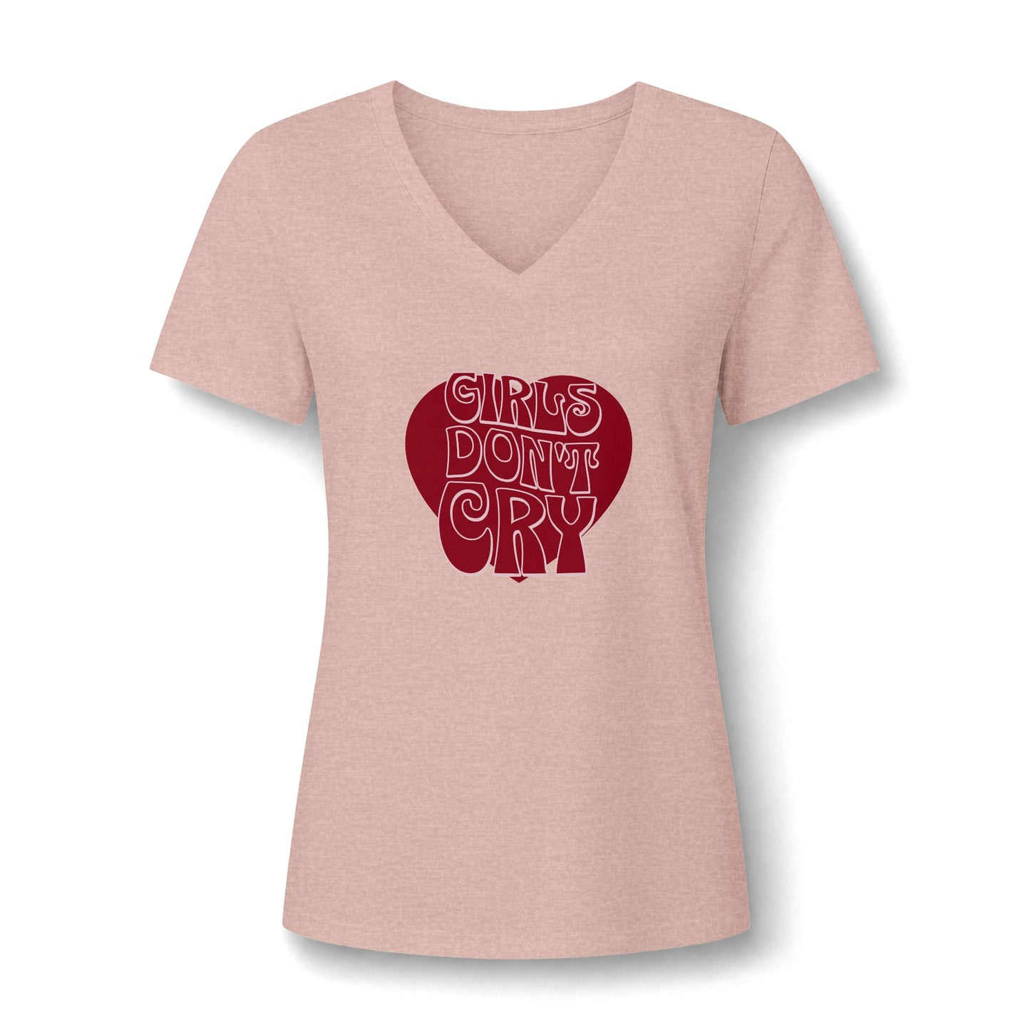 A women's short-sleeve V-neck t-shirt in heathered dusty pink, featuring a dark red heart-shaped graphic on the chest with the text 'GIRLS DON'T CRY' in a stylized white font.