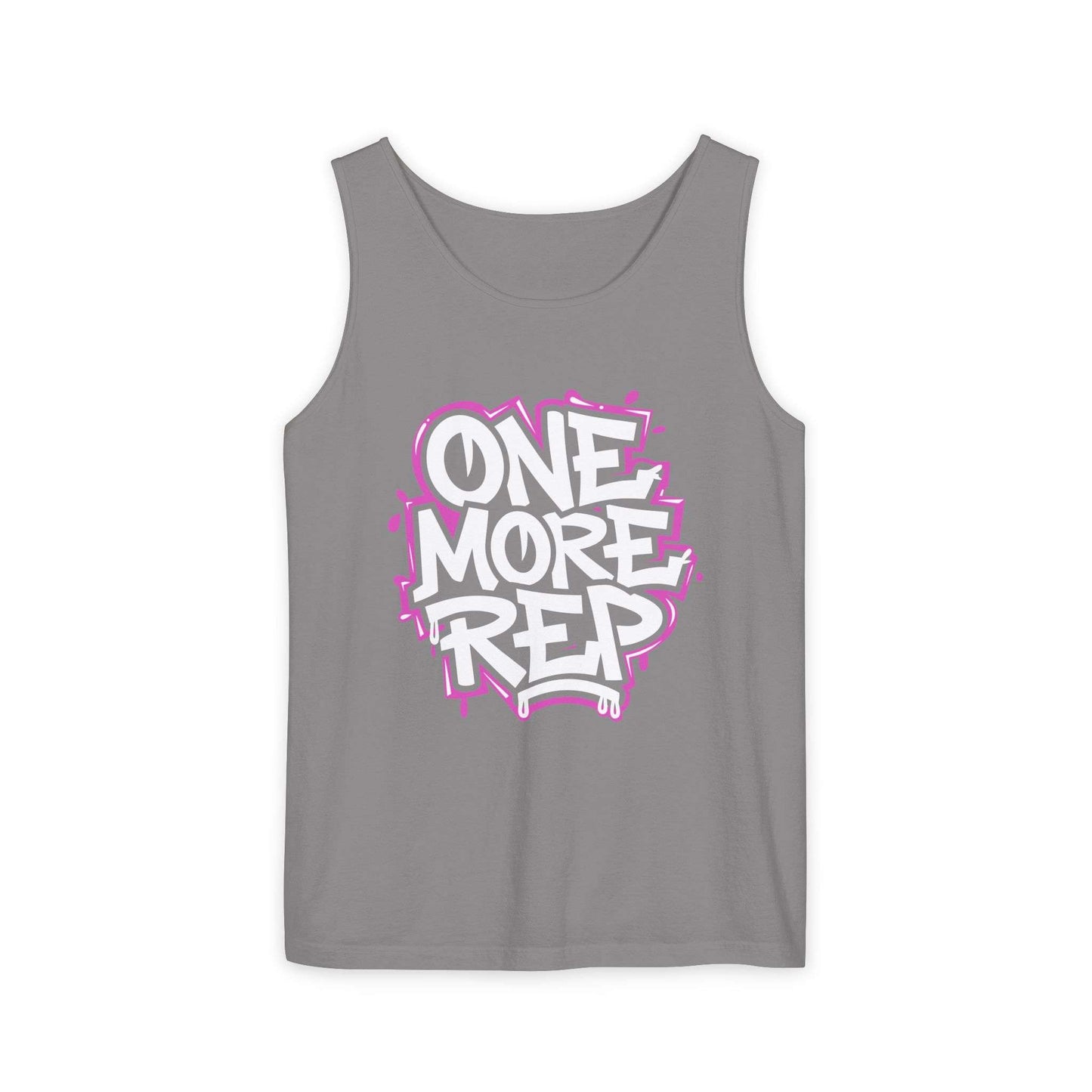 A gray sleeveless tank top with a graphic on the chest that reads 'ONE MORE REP' in white bubble letters with a pink spray-paint outline, shown on a plain white background. Stylish Fitness Motivational Graffiti Typography Tank Top Casual Wear