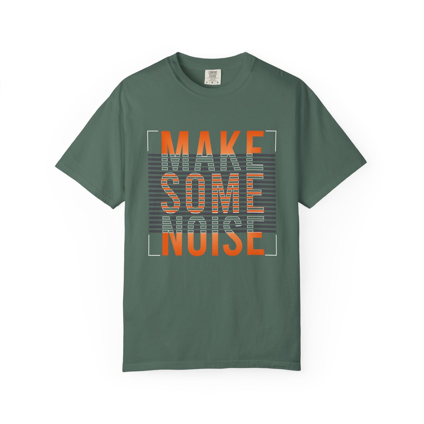 A dark green crewneck t-shirt featuring a graphic print on the front with the text 'MAKE SOME NOISE' in orange and white, set against a striped gray background. Stylish Make Some Noise Slogan Typography Graphic T-Shirt for Casual Wear