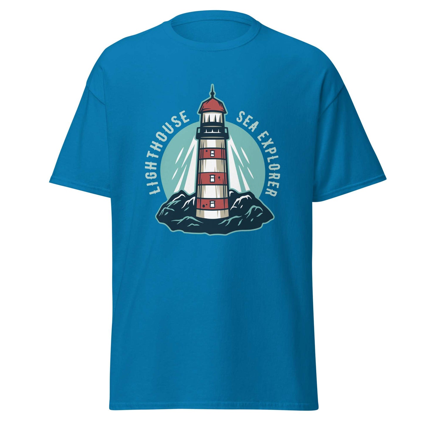 A bright blue short-sleeve crewneck t-shirt featuring a central graphic of a red and white striped lighthouse on a rock, with a teal circular background and the words 'LIGHTHOUSE SEA EXPLORER' arched above and below. Stylish Marine Lighthouse at Mountain Nautical Sea T-Shirt Casual Wear