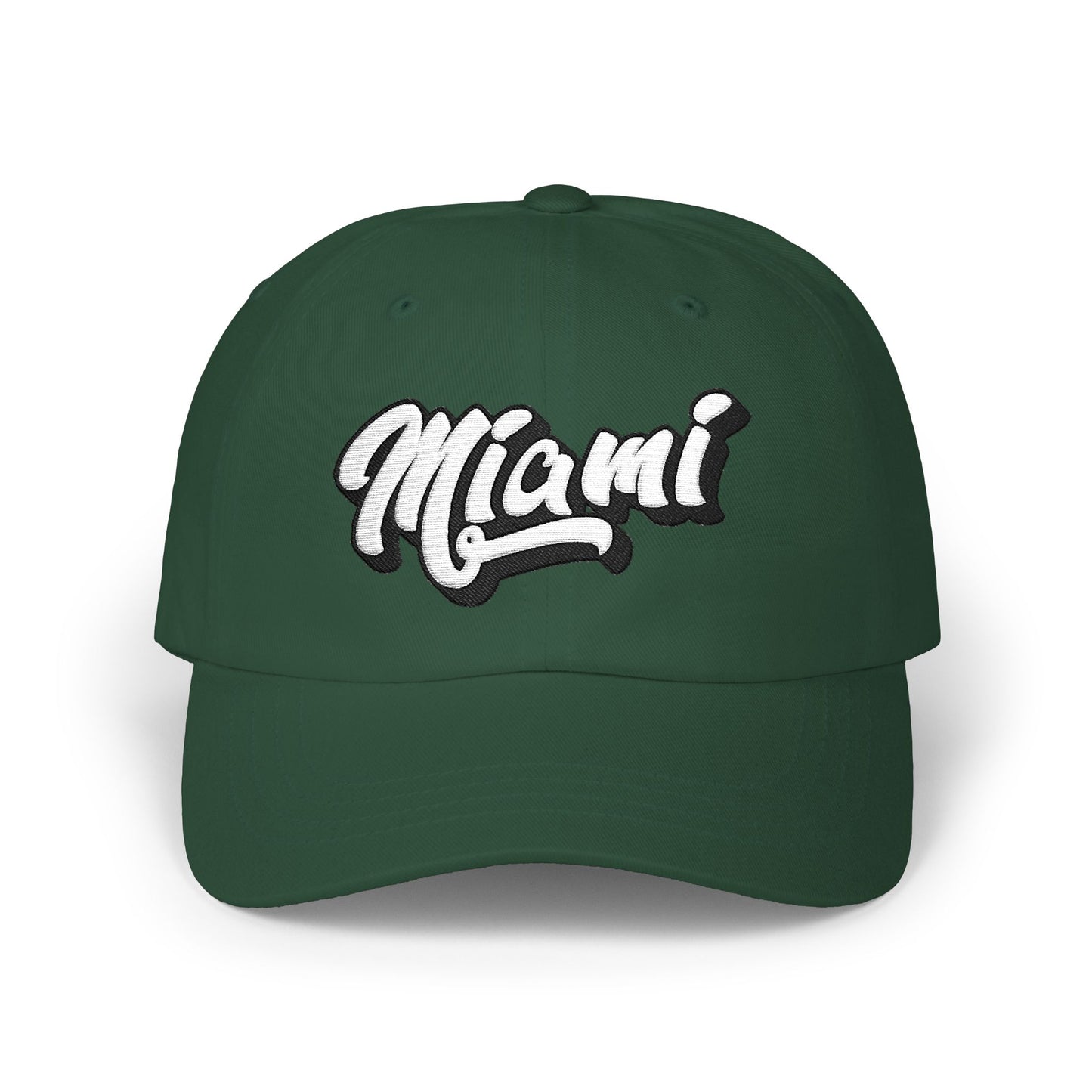 A dark green baseball cap featuring the word 'Miami' embroidered in white cursive with a black outline on the front, set against a plain white background. Stylish Minimalist Miami Beach Typography Classic Dad Cap