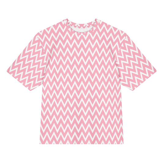 Stylish Oversized Cotton T-Shirt with Pink Chevron Zig Zag Print