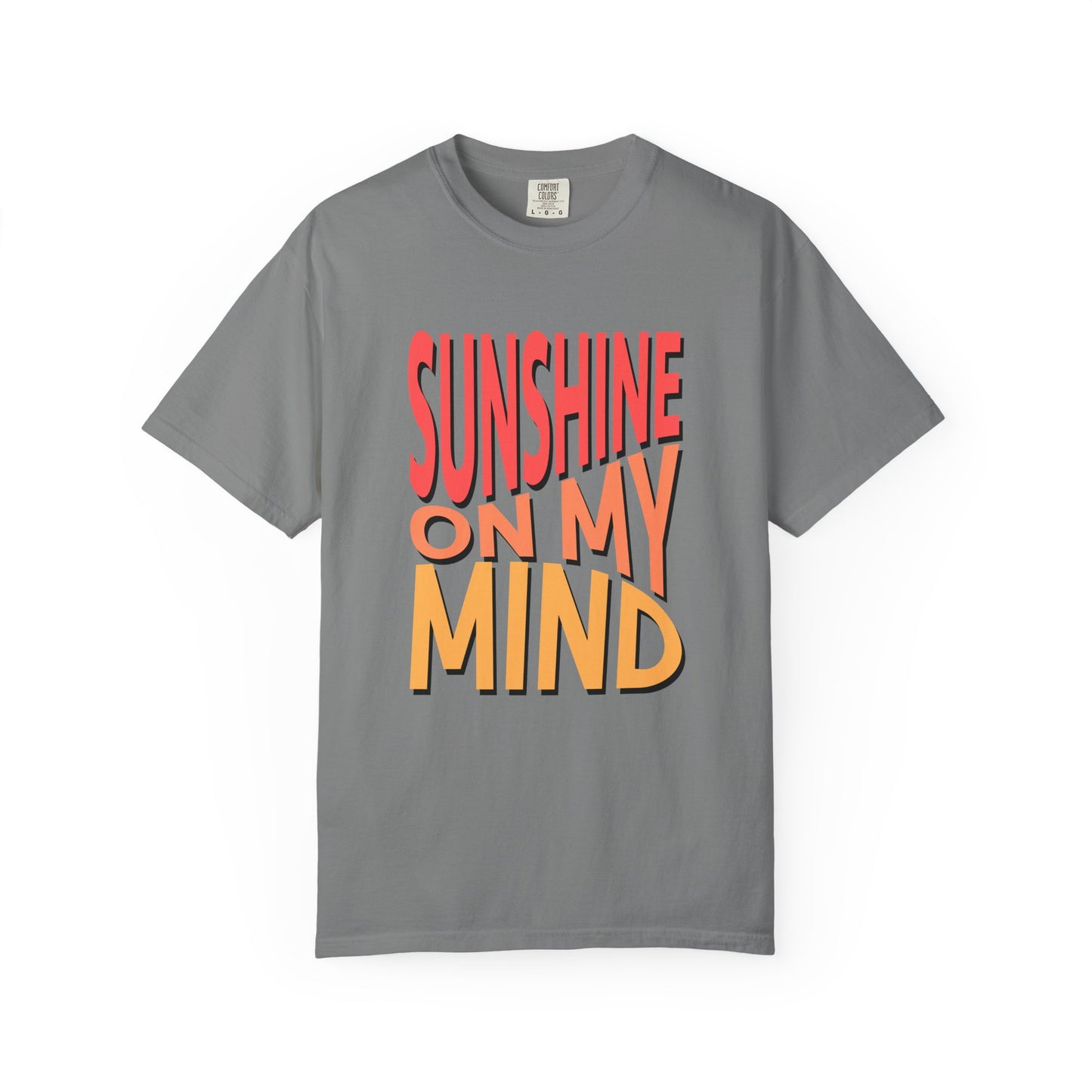 A gray short-sleeve t-shirt with a retro-style graphic text print reading 'SUNSHINE ON MY MIND' in red and orange-yellow gradient letters, displayed on a clean white background. Stylish Sunshine On My Mind Summer Vibes Graphic T-Shirt Casual Wear
