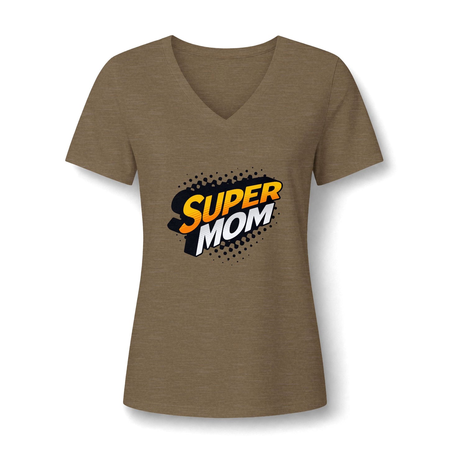 A women's short-sleeve V-neck t-shirt in heathered brown, featuring a 'SUPER MOM' graphic printed on the chest in yellow, orange, black, and white.