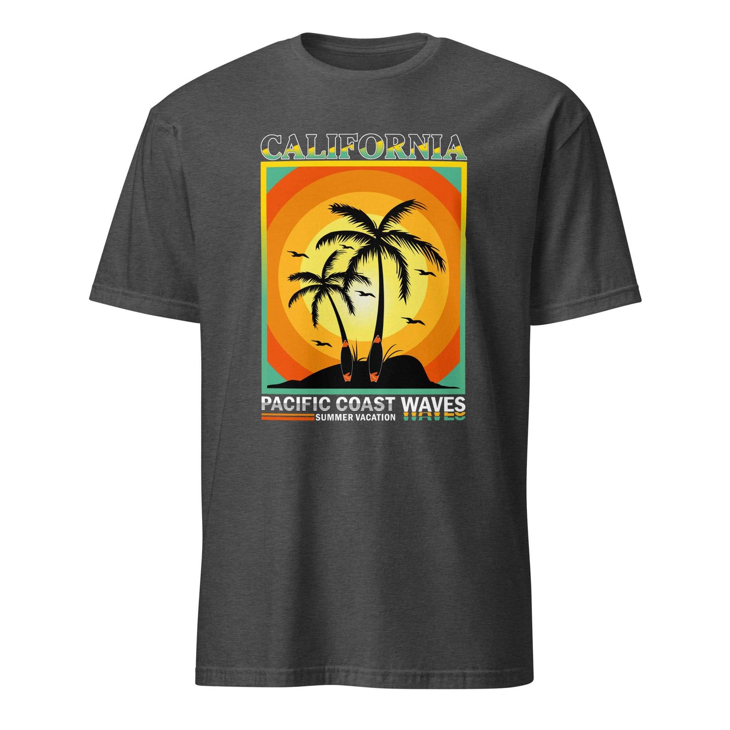 A dark charcoal gray t-shirt with a retro-style graphic print on the front. The graphic features a sunset scene with two palm trees on a small island, with 'CALIFORNIA' written above and 'PACIFIC COAST WAVES' written below. Sunset Ocean Waves California Coast T-Shirt