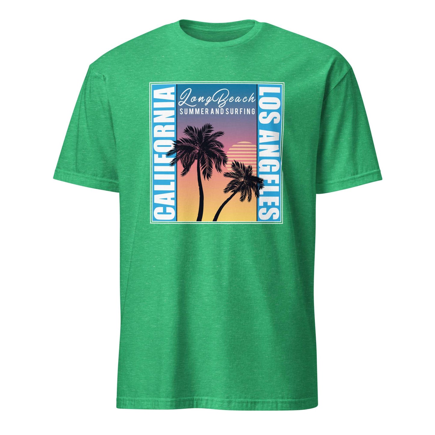 A green heather short-sleeve t-shirt with a retro-style graphic on the chest featuring palm trees, a sunset gradient, and the text 'Long Beach Summer and Surfing' and 'Los Angeles'. Sunset Palm Trees T-Shirt for Everyday Casual Style