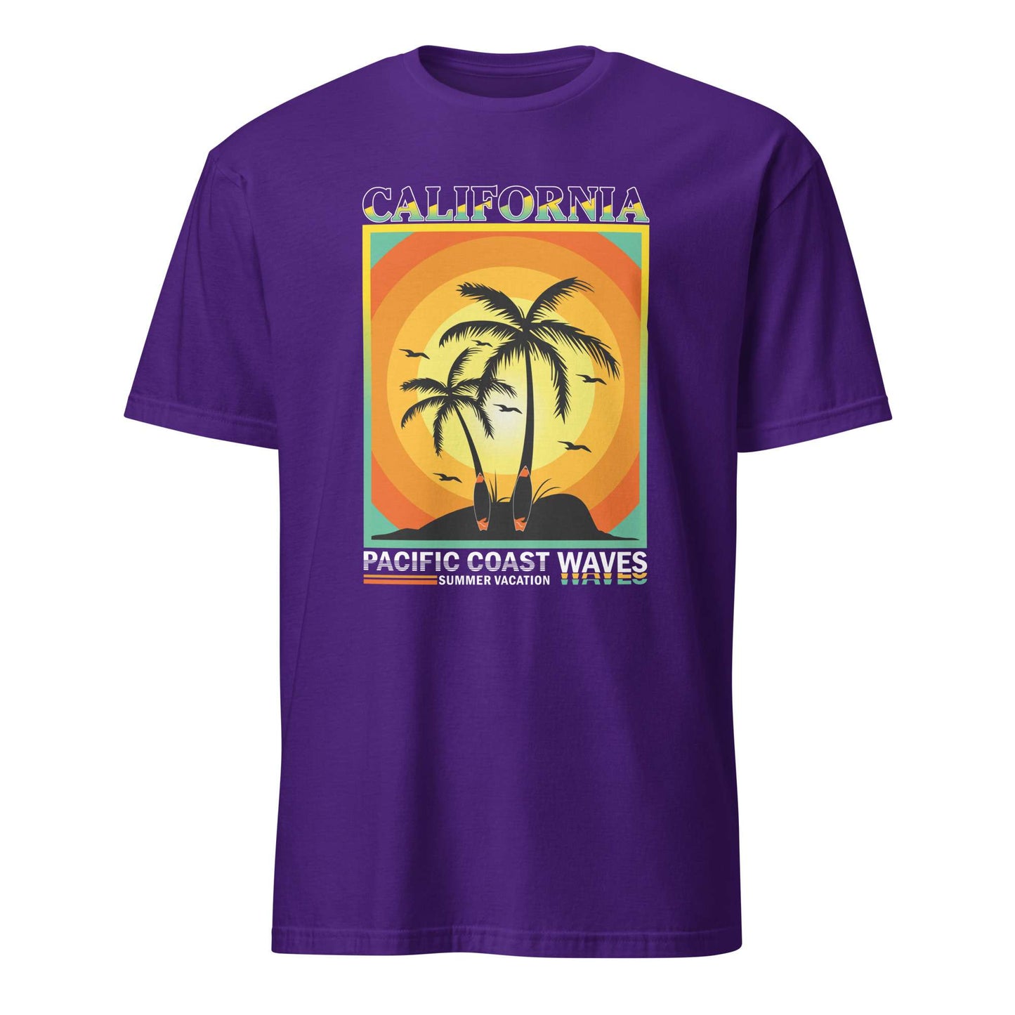 A purple short-sleeve crewneck t-shirt featuring a retro-style graphic print of two palm trees on an island at sunset with the text 'CALIFORNIA' and 'PACIFIC COAST WAVES'. Sunset Surf Vibes California Pacific Coast T-Shirt
