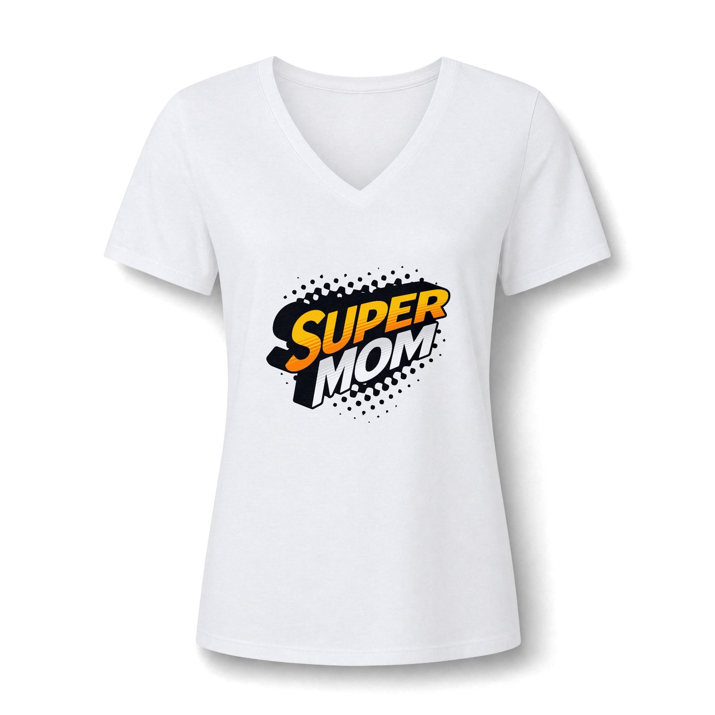 A white women's short-sleeve V-neck T-shirt with a 'SUPER MOM' graphic printed on the chest in a comic-style speech-bubble design.