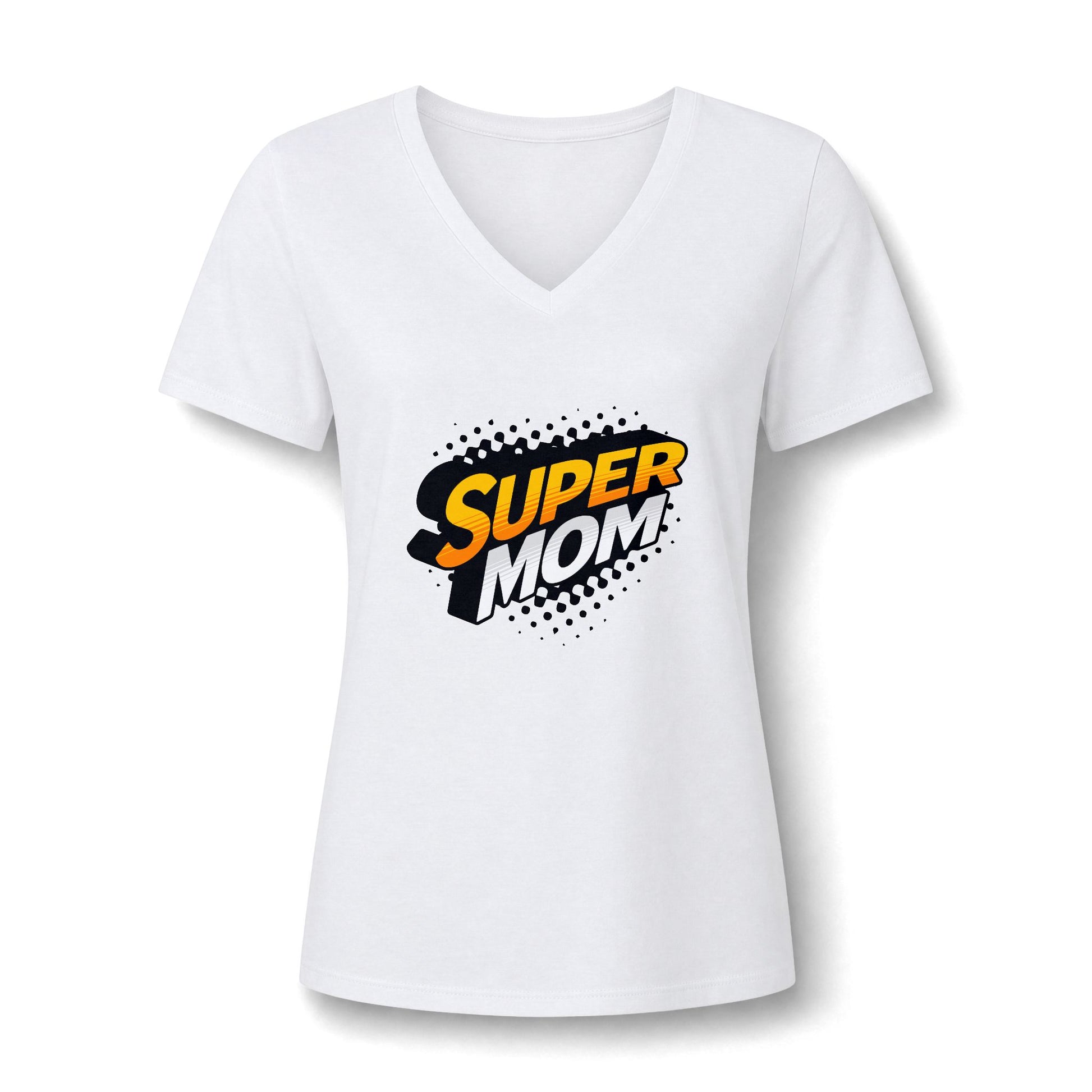 A white women's short-sleeve V-neck T-shirt with a 'SUPER MOM' graphic printed on the chest in a comic-style speech-bubble design.