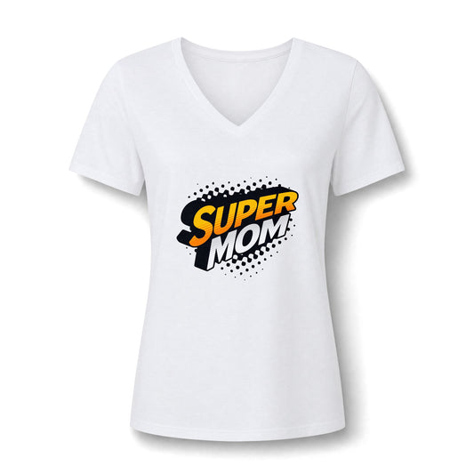 A white women's short-sleeve V-neck T-shirt with a 'SUPER MOM' graphic printed on the chest in a comic-style speech-bubble design.