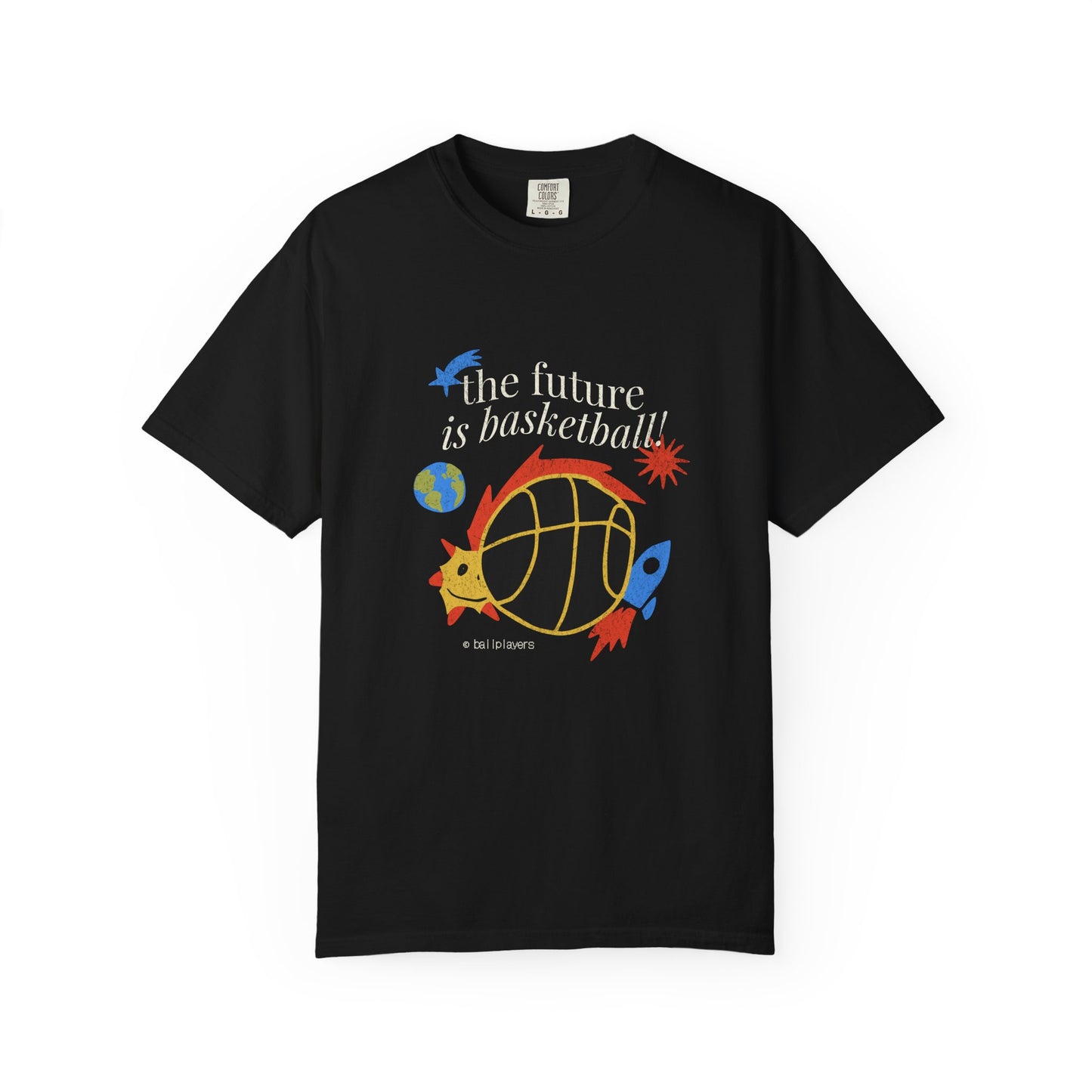 A black short-sleeve crewneck t-shirt featuring a colorful graphic on the front with the text 'the future is basketball!' and an illustration of a basketball, rocket ship, bird, and planet. The Future Is Basketball Space Graphic T-Shirt for Casual Wear