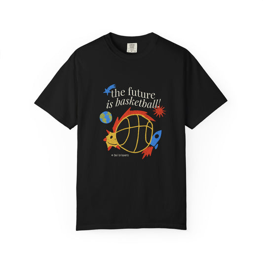 A black short-sleeve crewneck t-shirt featuring a colorful graphic on the front with the text 'the future is basketball!' and an illustration of a basketball, rocket ship, bird, and planet. The Future Is Basketball Space Graphic T-Shirt for Casual Wear