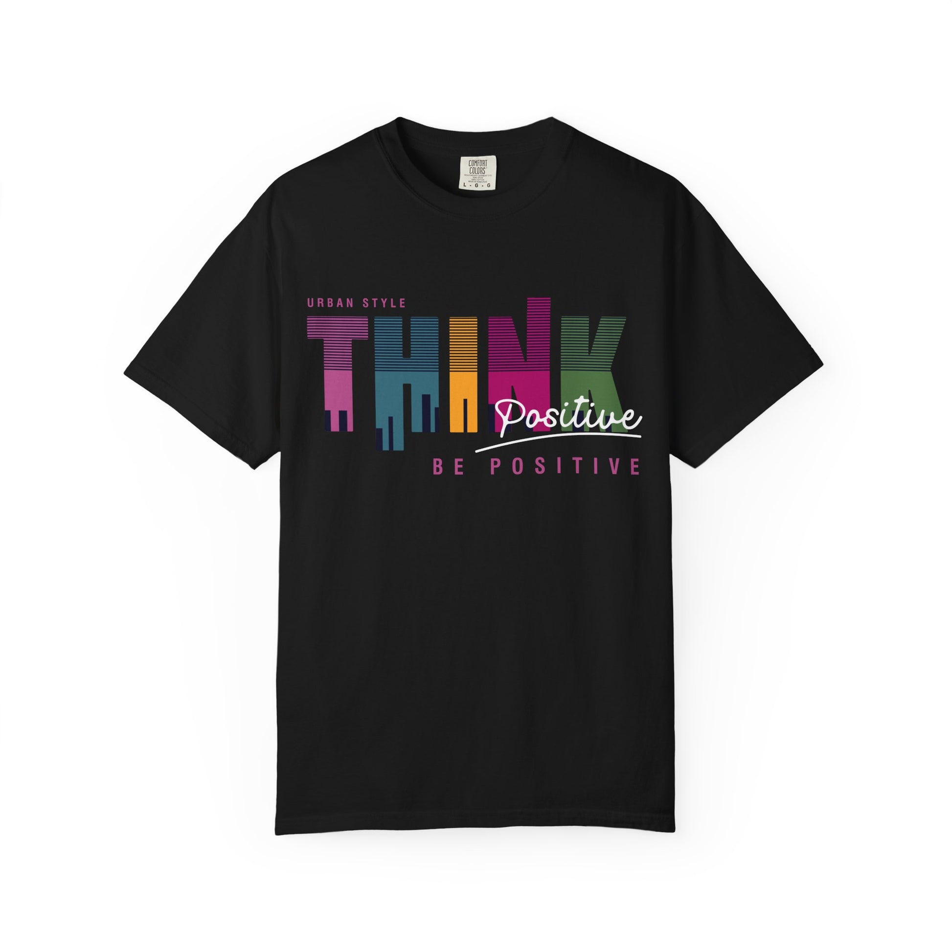 A black short-sleeve t-shirt with a colorful graphic on the chest that reads 'THINK Positive BE POSITIVE' in stylized multicolor letters, shown against a plain white background. Think Positive Urban Typography Lettering T-Shirt Casual Wear