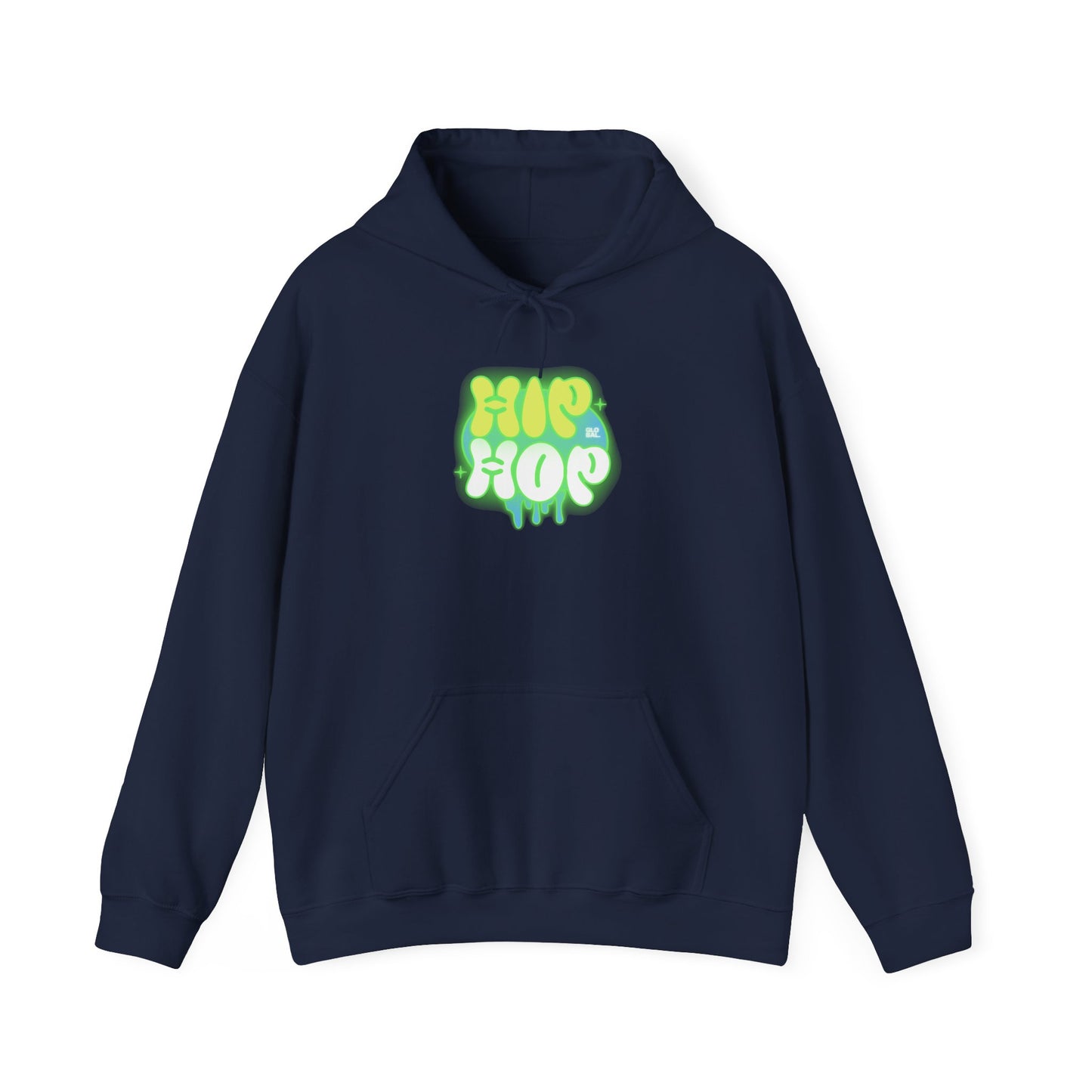 A navy blue pullover hoodie with a green and yellow 'HIP HOP' graphic printed on the chest, displayed against a solid white background. Top Rated Bold Graffiti Hip Hop Hoodie for Urban Fashion Lovers