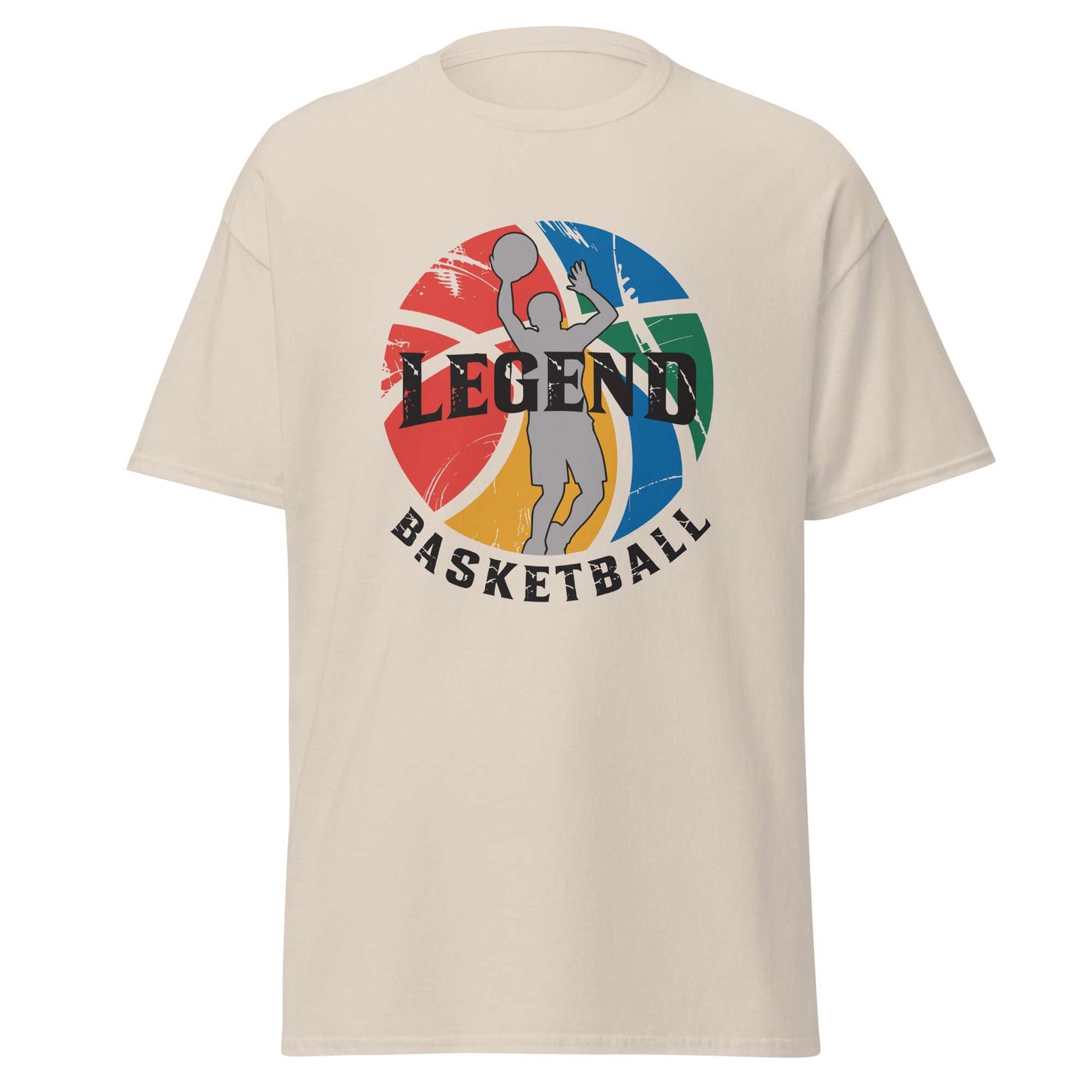 A beige short-sleeve t-shirt with a colorful graphic on the chest featuring a stylized basketball player and the text 'LEGEND BASKETBALL' over a multicolored basketball design. Top Rated Comfortable Legend Basketball Graphic T-Shirt Casual Outfits