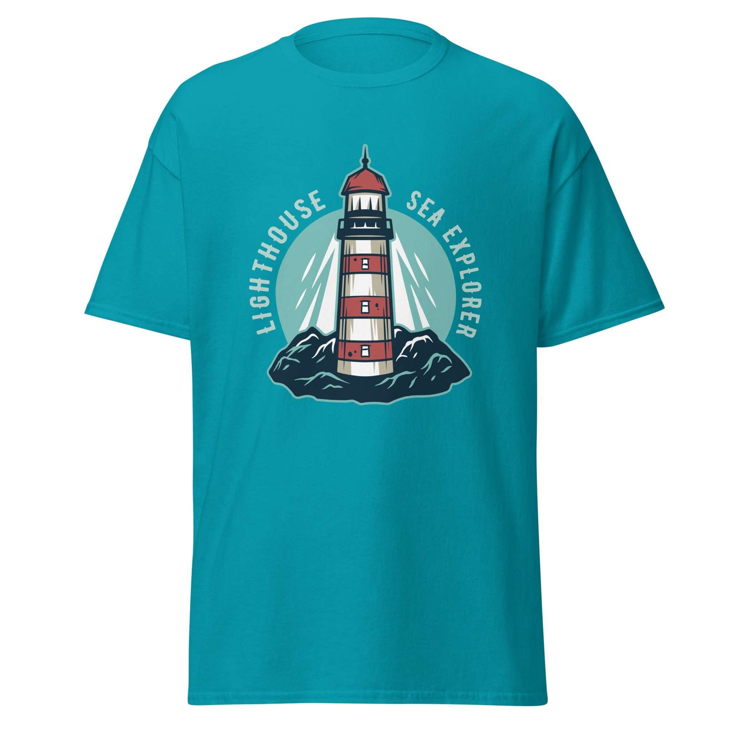 A teal short-sleeve crewneck t-shirt featuring a central graphic of a red and white striped lighthouse on dark rocks, surrounded by a light blue circular design with the words 'LIGHTHOUSE SEA EXPLORER'. Top Rated Marine Lighthouse at Mountain Nautical Sea T-Shirt Casual Wear