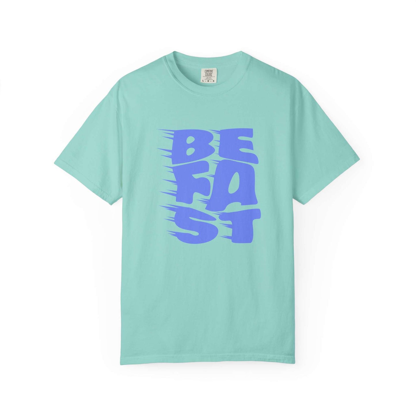 A mint green short-sleeve t-shirt with a bold blue graphic on the front reading 'BE FAST' in a stylized, motion-blurred font, displayed against a clean white background. Trendy Bold Be Fast Typography Lettering Graphic T-Shirt Casual Wear