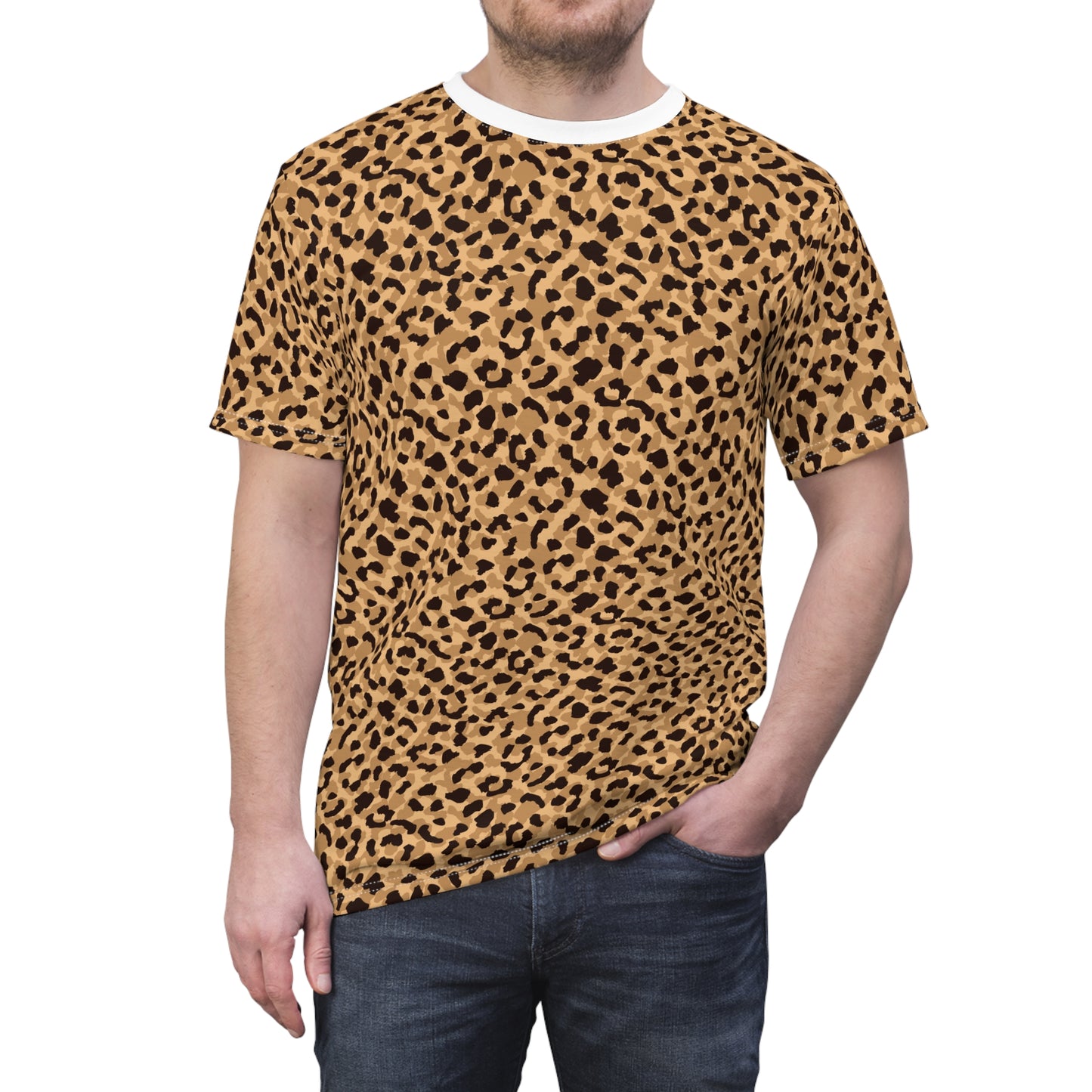 A man wearing a short-sleeve crewneck t-shirt with a brown and black leopard print pattern, paired with dark blue jeans, shown against a plain white background. Trendy Bold Brown Leopard Print T-Shirt for Casual Wear