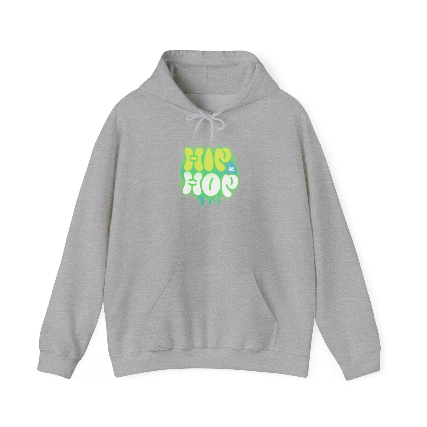 A light gray heather pullover hoodie with a colorful 'HIP HOP' graphic on the chest, featuring a drawstring hood and kangaroo pocket, displayed on a clean white background. Trendy Bold Graffiti Hip Hop Hoodie for Urban Fashion Lovers