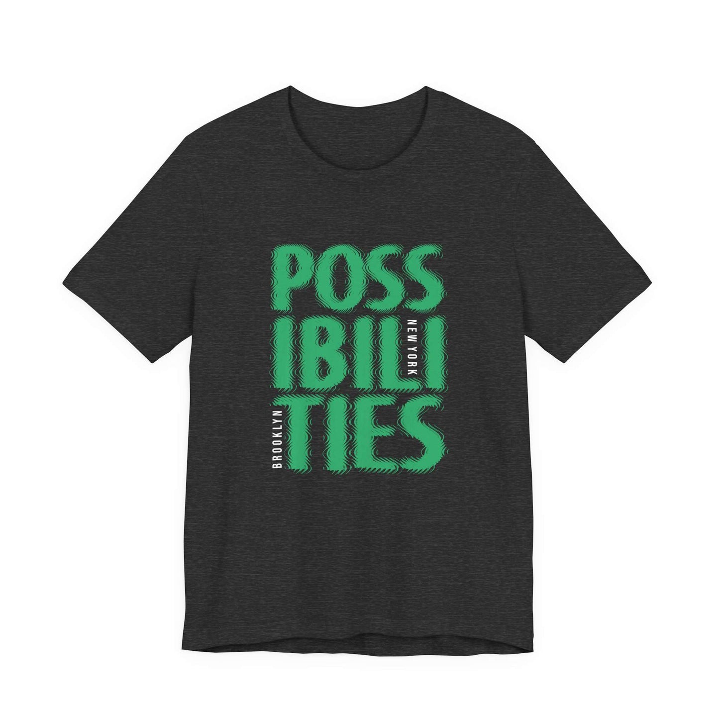 A dark heather gray crewneck t-shirt featuring a bold graphic on the front that reads 'POSSIBILITIES' in green, with 'REBORN' printed vertically in white. Trendy Bold Possibilities New York City Brooklyn T-Shirt Casual Wear