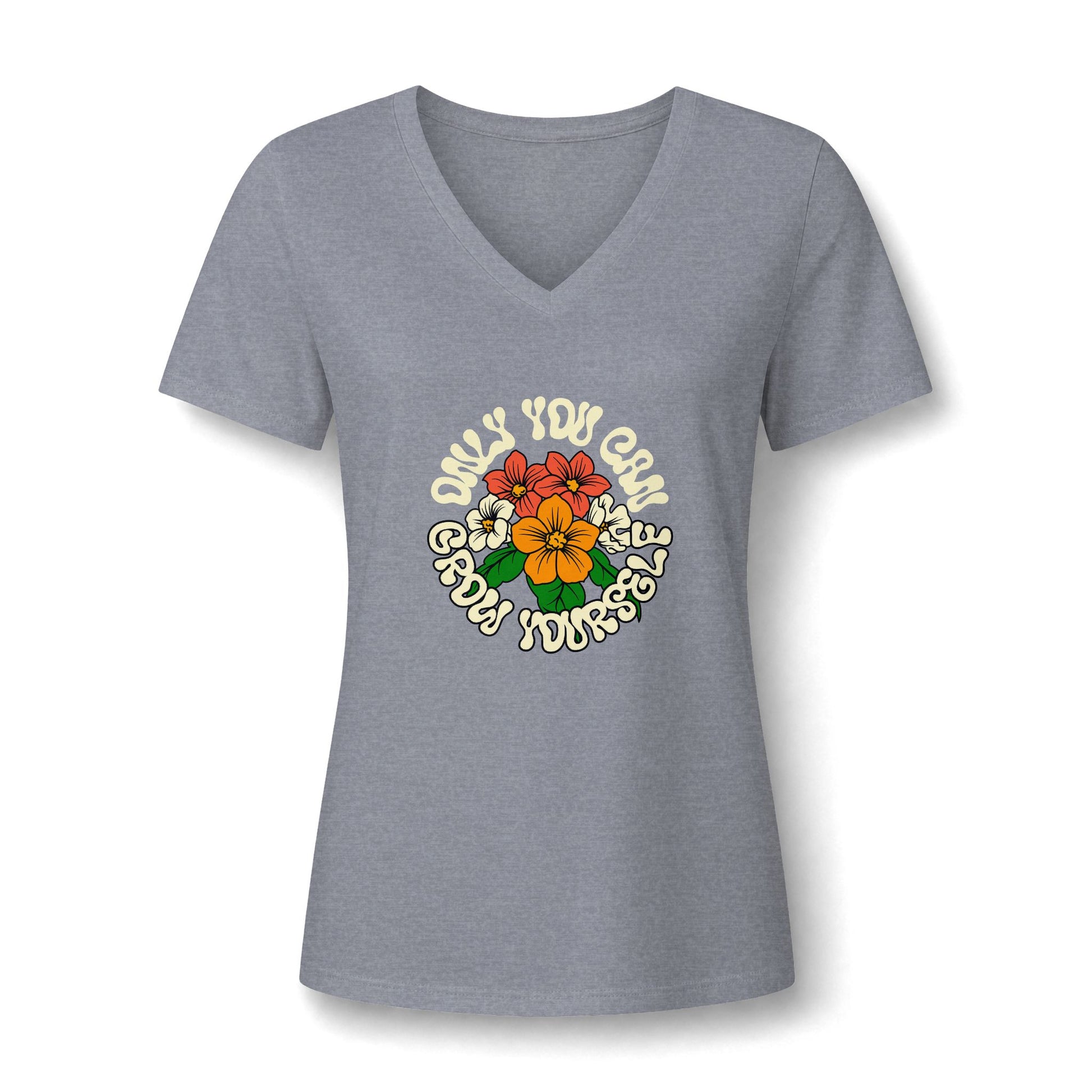 A women's heather gray V-neck t-shirt featuring a retro-style graphic on the chest with the text 'ONLY YOU CAN GROW YOURSELF' surrounding a colorful floral design.