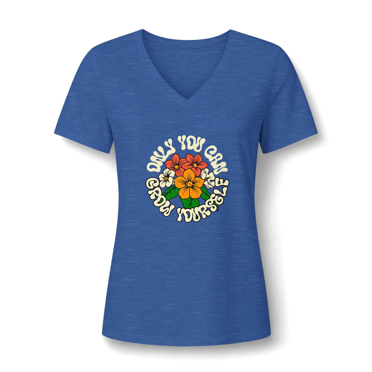 A heather blue V-neck t-shirt with a retro-style circular graphic on the chest featuring plumeria flowers and the text 'ONLY YOU CAN SHOW YOURSELF'.