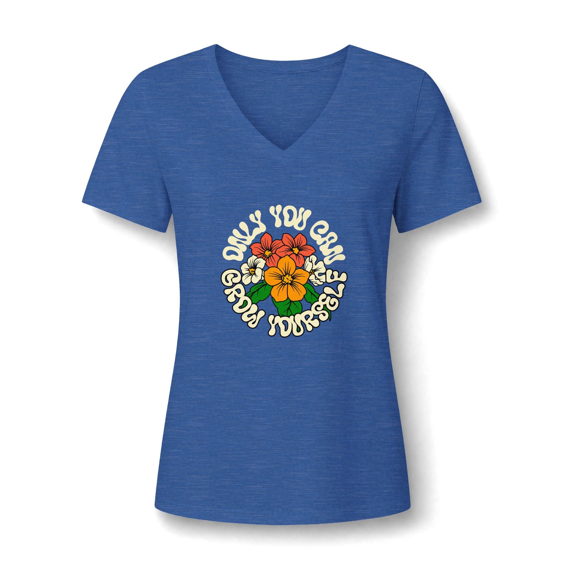 A heather blue V-neck t-shirt with a retro-style circular graphic on the chest featuring plumeria flowers and the text 'ONLY YOU CAN SHOW YOURSELF'.