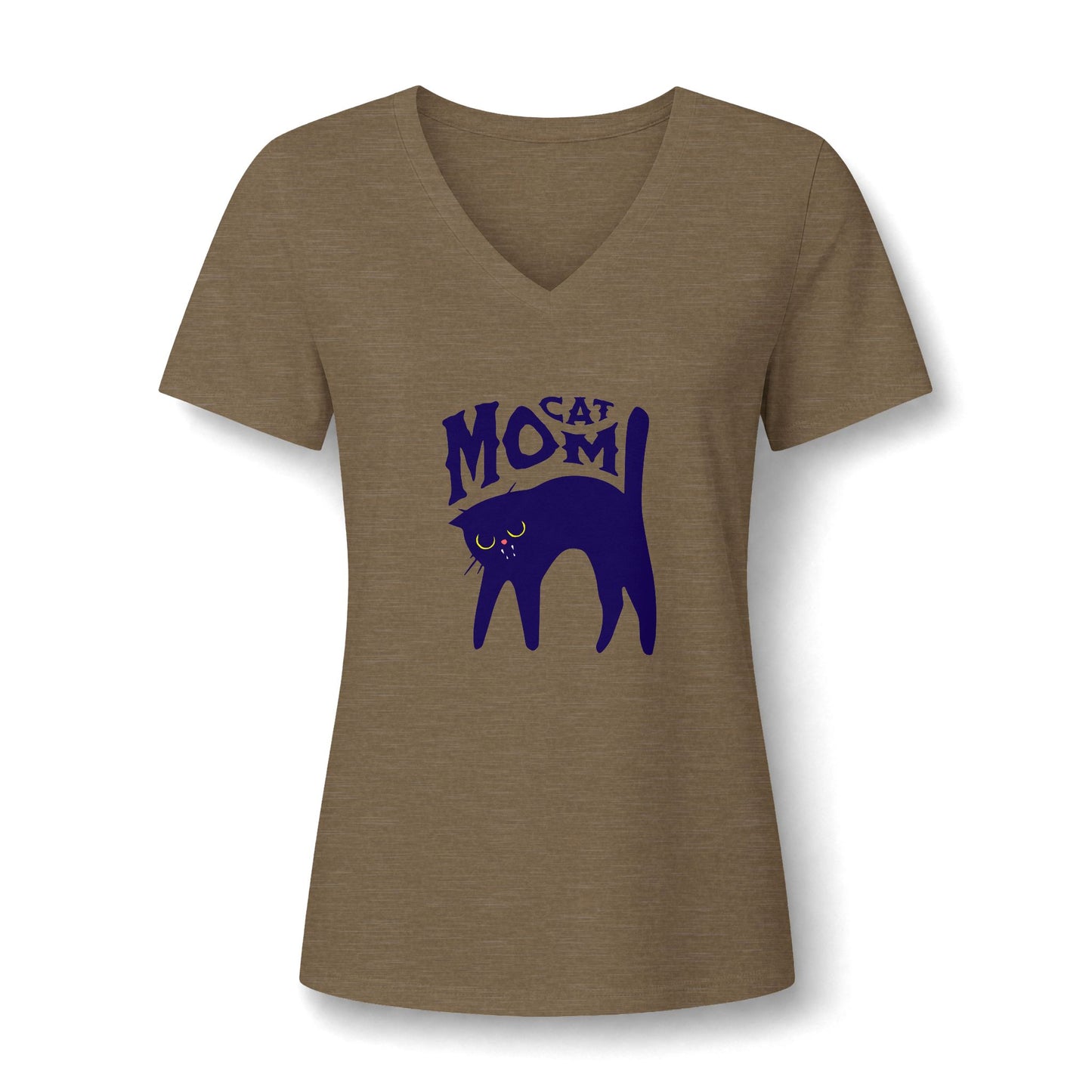 A women's short-sleeve V-neck t-shirt in heathered brown, featuring a dark blue graphic of a cat silhouette with the words 'CAT MOM' printed on the chest, set against a plain white background.