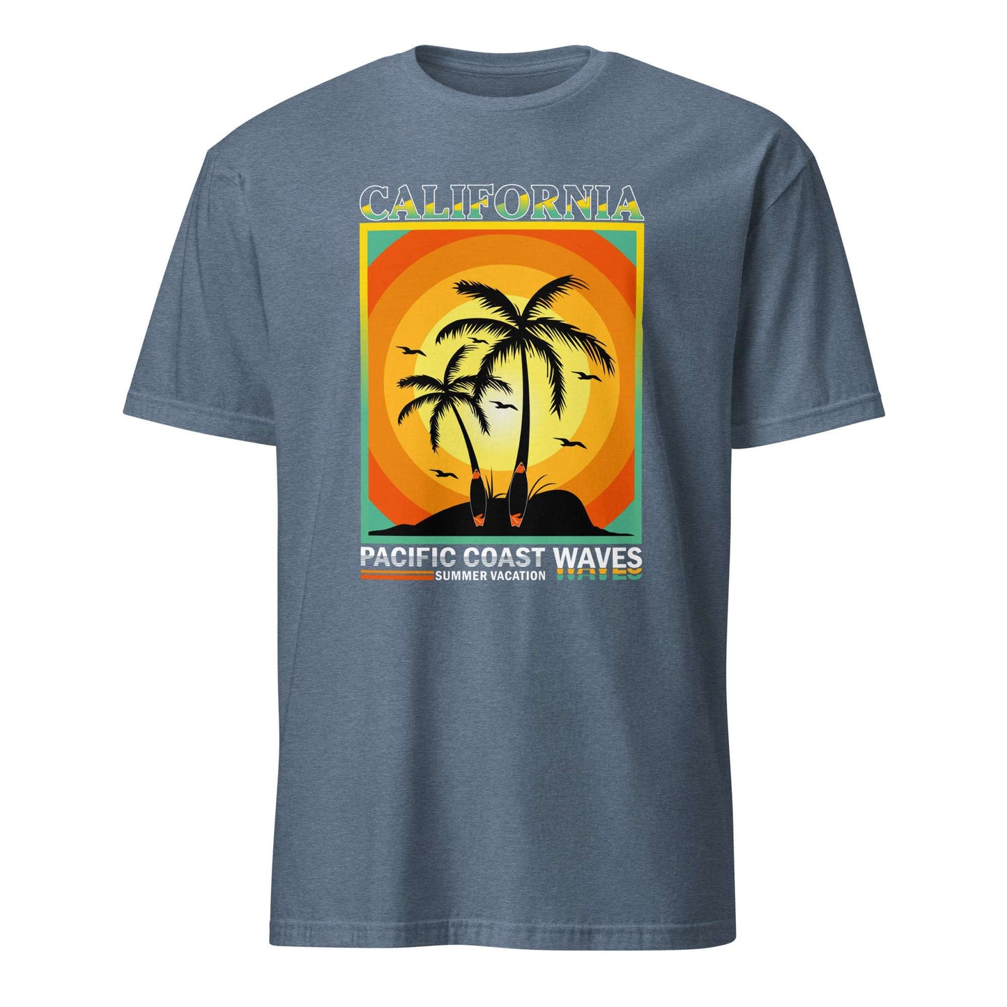 A heather slate blue short-sleeve t-shirt with a retro graphic on the chest. The graphic features a sunset scene with two palm trees, surfboards, and the text 'CALIFORNIA PACIFIC COAST WAVES SAN DIEGO VALLEY' in a vintage travel poster style. Trendy California Pacific Coast Waves Sunset T-Shirt Casual Wear