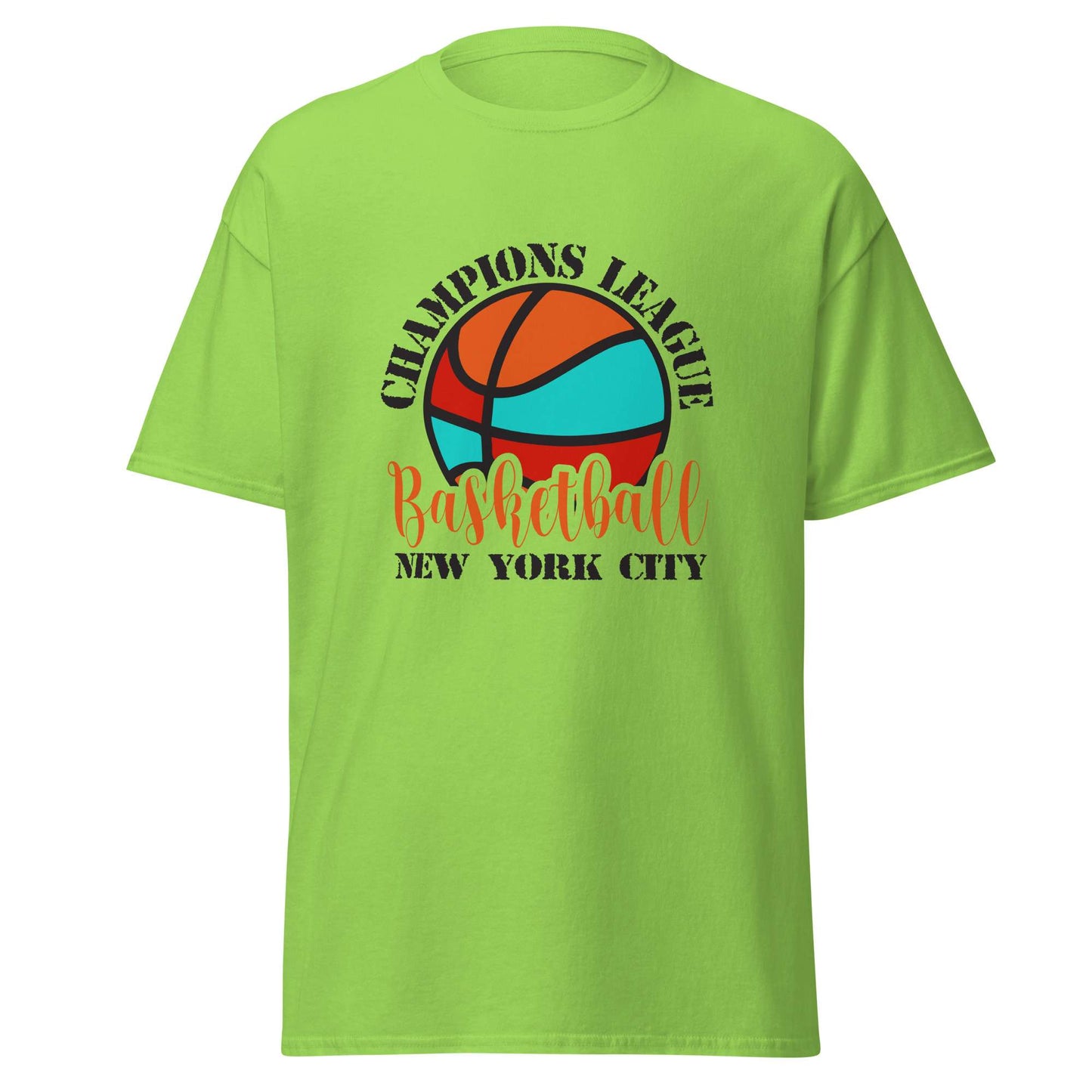 A bright lime green short-sleeve t-shirt with a colorful graphic on the chest featuring a basketball and the text 'CHAMPIONS LEAGUE Basketball NEW YORK CITY'. Trendy Champions League Basketball New York City T-Shirt for Casual Wear