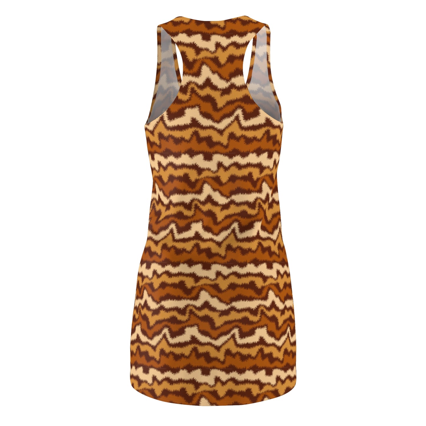 A sleeveless racerback tank dress featuring a bold horizontal wavy zigzag pattern in shades of brown, tan, and cream, displayed on a clean white background. Trendy Chic Women's Summer Dress: Bold Brown Wave Pattern
