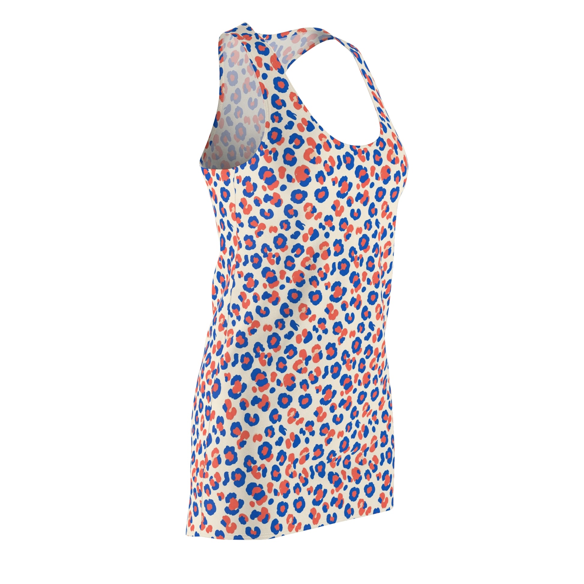 A sleeveless racerback tank top with an allover leopard print pattern in blue, orange, and gray on a white base, shown from a three-quarters angle against a plain white background. Trendy Comfortable Colorful Leopard Print Women's Racerback Dress