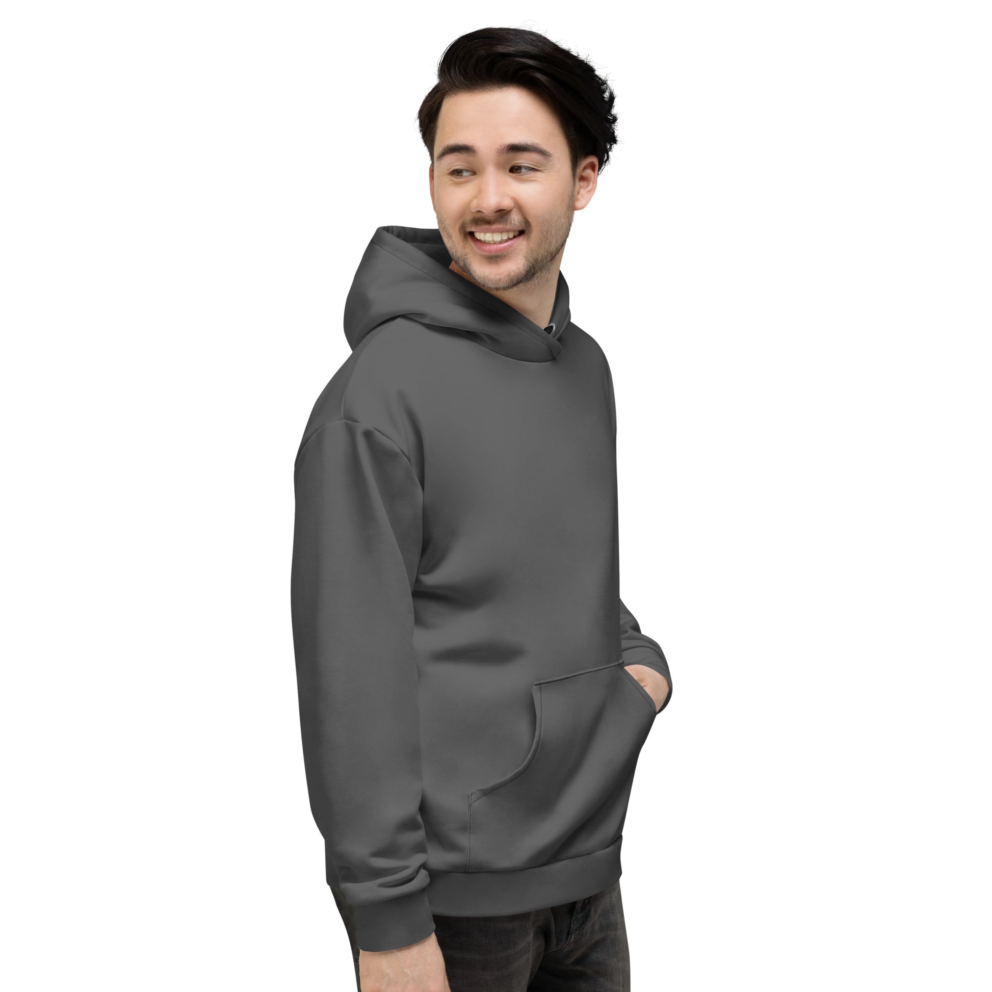 A man wearing a dark gray pullover hoodie, shown from the waist up against a plain white background. Trendy Comfortable Plain Gray Hoodie for Relaxed Wear