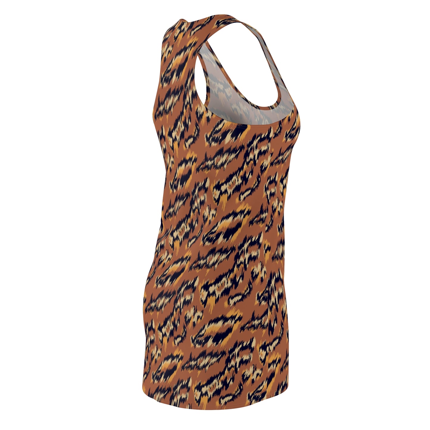 A sleeveless racerback tank top with an all-over tiger stripe pattern in brown, black, and beige, shown on a plain white background. Trendy Lightweight Women's Summer Dress Bold Tiger Print