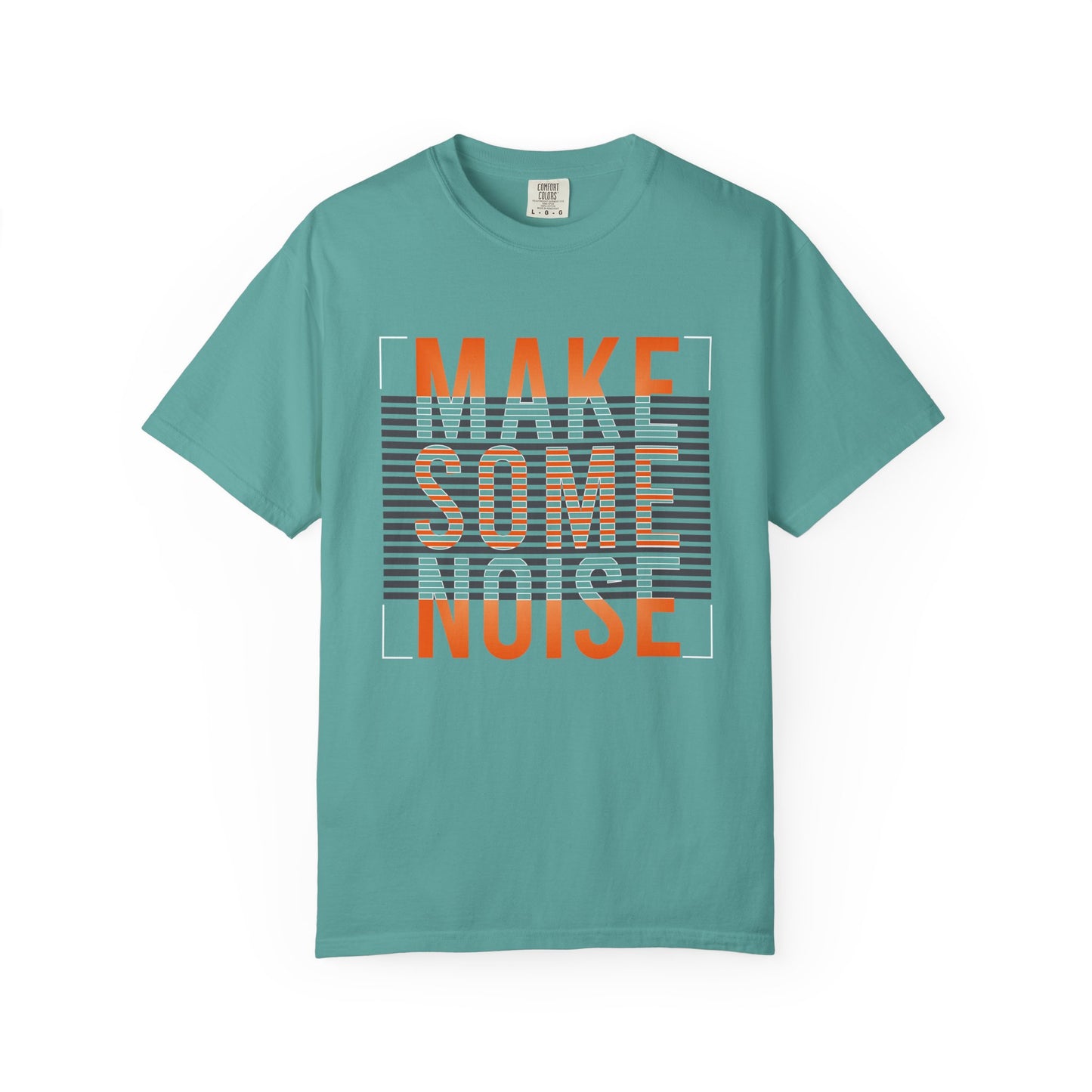 A teal short-sleeve t-shirt with a retro graphic on the chest reading 'MAKE SOME NOISE' in orange and gray text over horizontal gray stripes, displayed on a clean white background. Trendy Make Some Noise Slogan Typography Graphic T-Shirt for Casual Wear