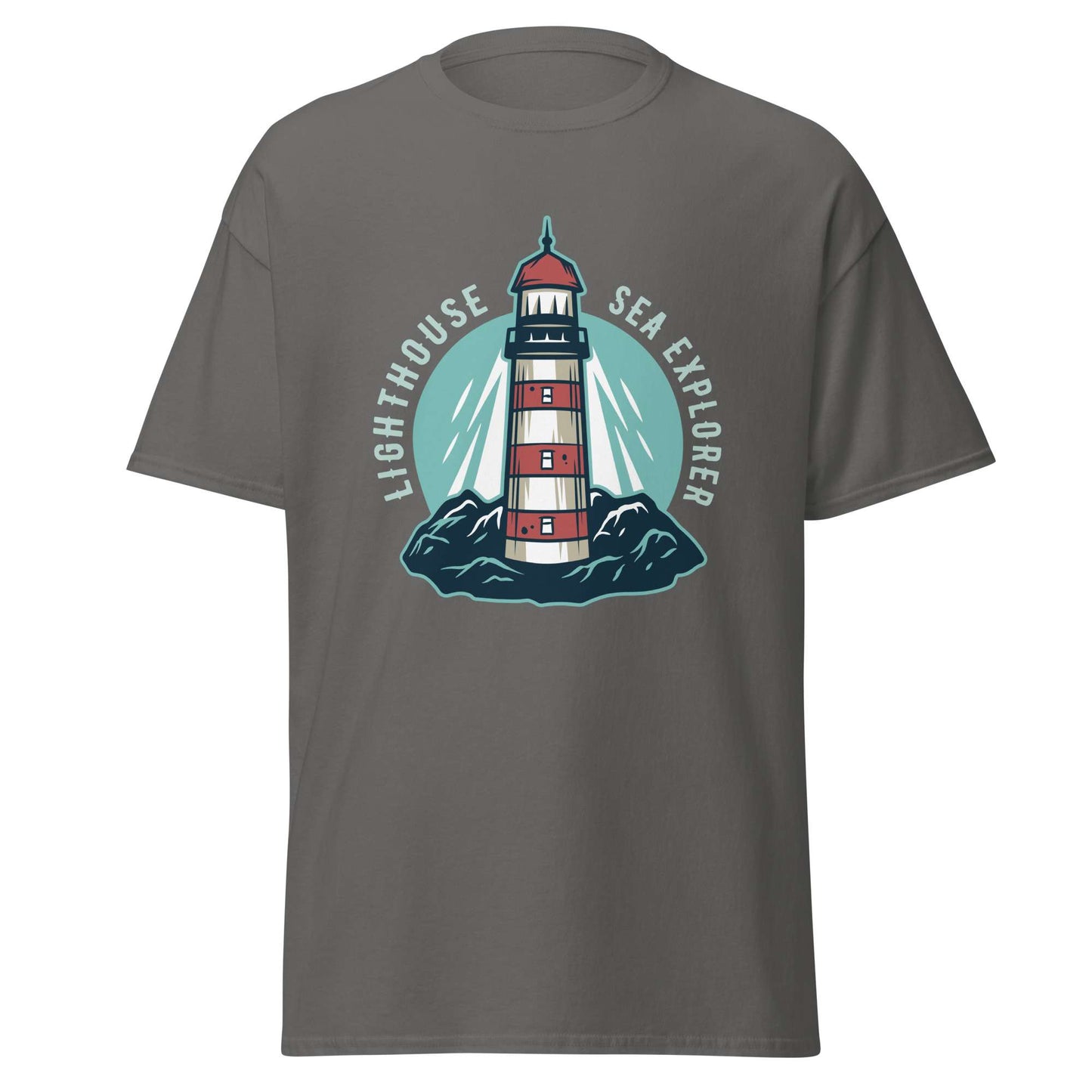 A dark gray crewneck t-shirt featuring a graphic print of a red and white striped lighthouse on dark blue waves, with the words 'LIGHTHOUSE SEA EXPLORER' arched above it. Trendy Marine Lighthouse at Mountain Nautical Sea T-Shirt Casual Wear