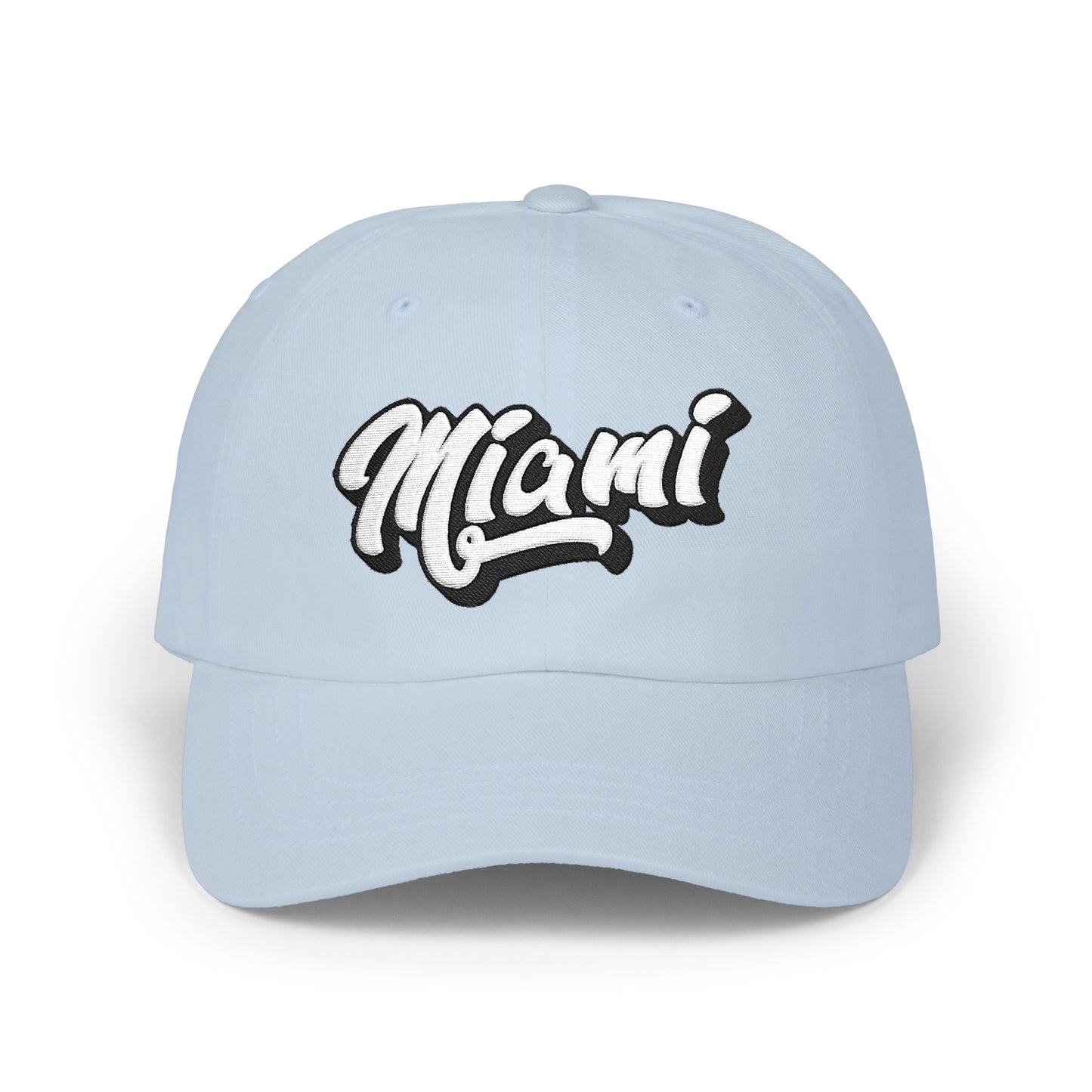 A light blue baseball cap featuring the word 'Miami' embroidered in a stylized white script with a black outline on the front, set against a plain white background. Trendy Minimalist Miami Beach Typography Classic Dad Cap