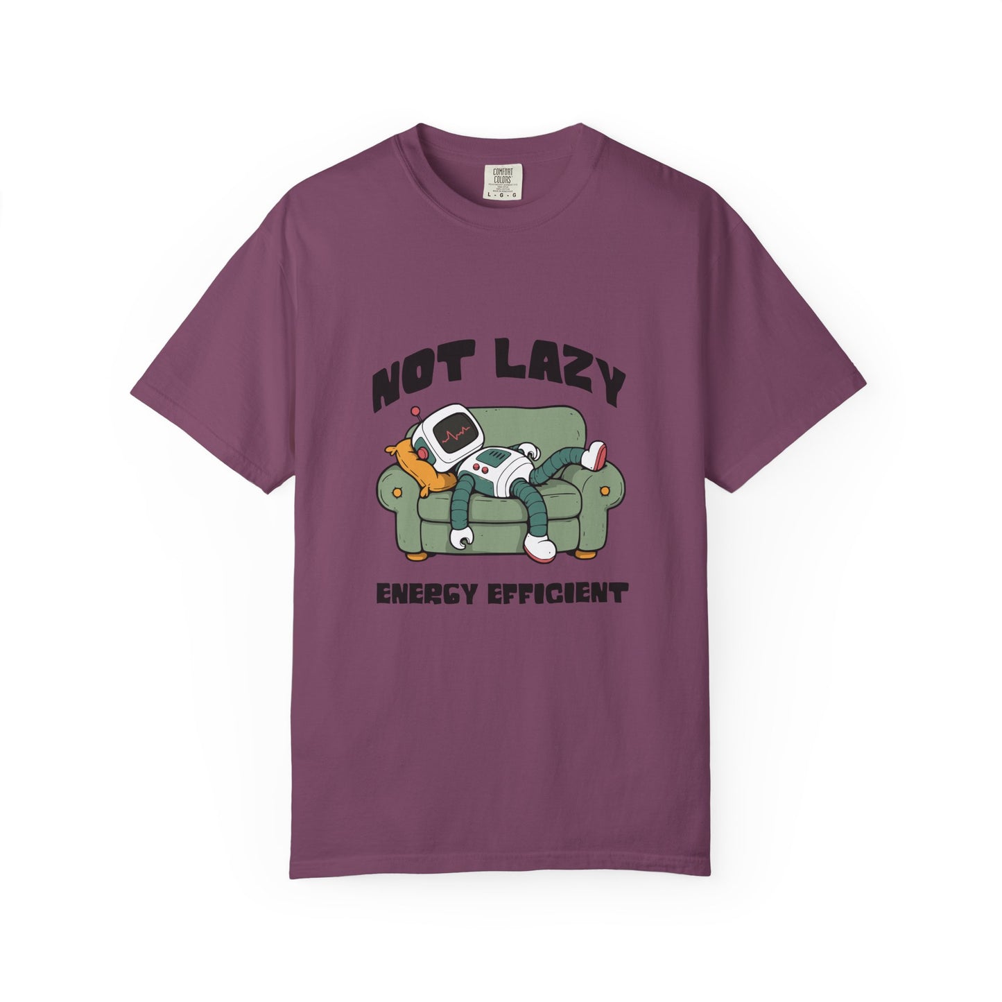 A purple short-sleeve crewneck t-shirt featuring a cartoon graphic of a cat lounging on a green couch with a retro TV, with the text 'NOT LAZY ENERGY EFFICIENT' printed on the front. Trendy Not Lazy, Energy Efficient, Robot Lounge Sarcasm T-Shirt for Casual Wear
