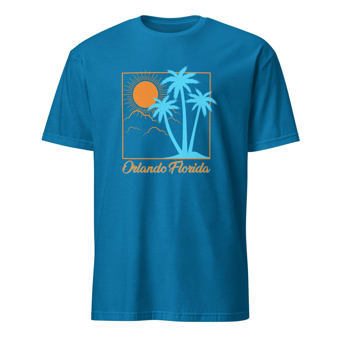 A bright blue short-sleeve crewneck t-shirt featuring a retro-style graphic of a yellow-orange sun, palm trees, and the text 'Orlando Florida' on the front, displayed against a solid white background. Trendy Orlando Florida Summer Sun Beach Graphic T-Shirt Casual Wear