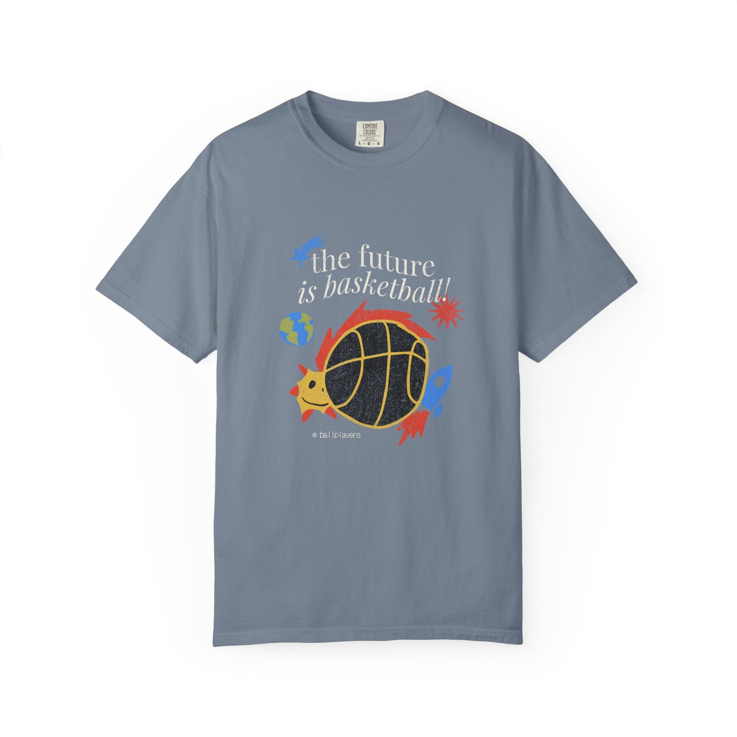 A slate blue crewneck t-shirt featuring a colorful graphic of a basketball turtle with the text 'the future is basketball!' in white and red, on a plain white background. Trendy Space-Themed Basketball T-Shirt for Daily Wear