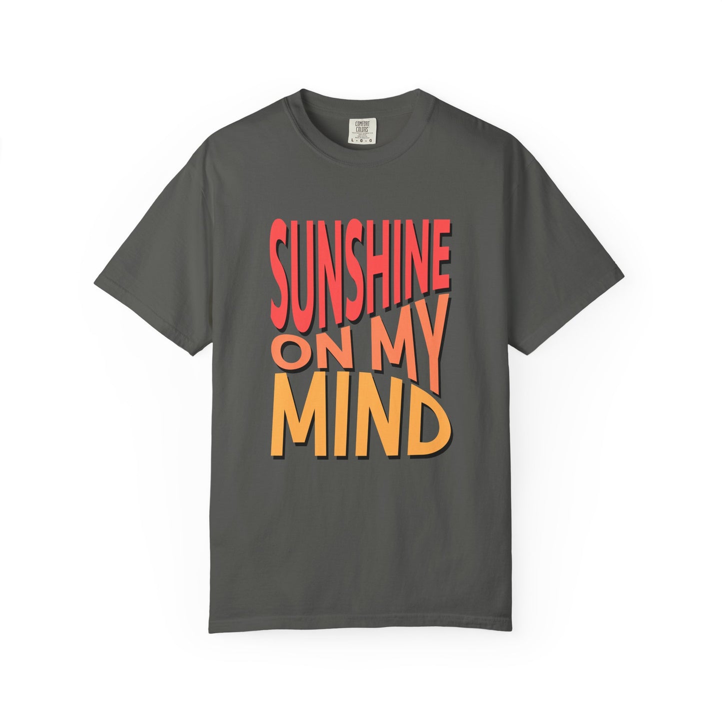 A dark gray crewneck t-shirt featuring a bold graphic text print that reads 'SUNSHINE ON MY MIND' in red and orange lettering with a 3D shadow effect, displayed on a clean white background. Trendy Sunshine On My Mind Summer Vibes Graphic T-Shirt Casual Wear
