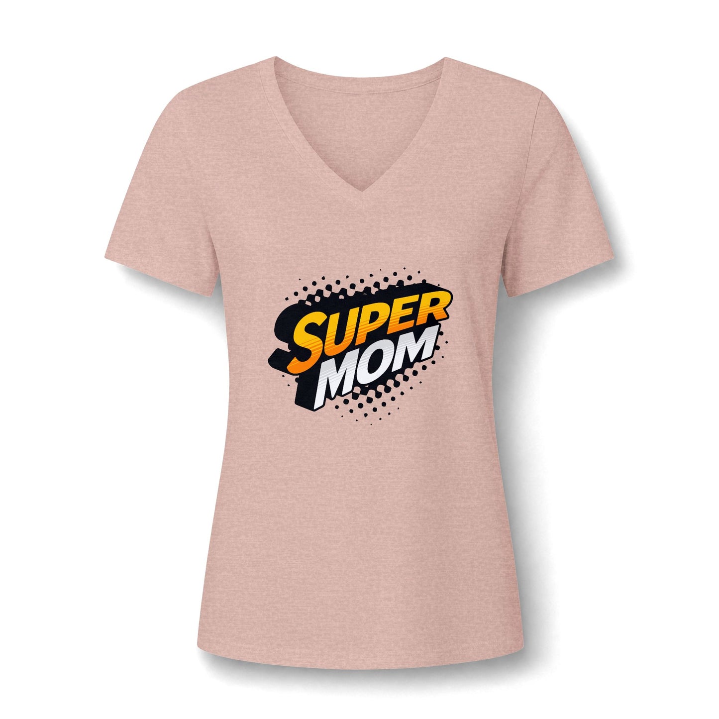 A women's short-sleeve V-neck t-shirt in heathered dusty pink, featuring a 'SUPER MOM' graphic printed on the chest in a comic-book style with yellow, orange, black, and white lettering.