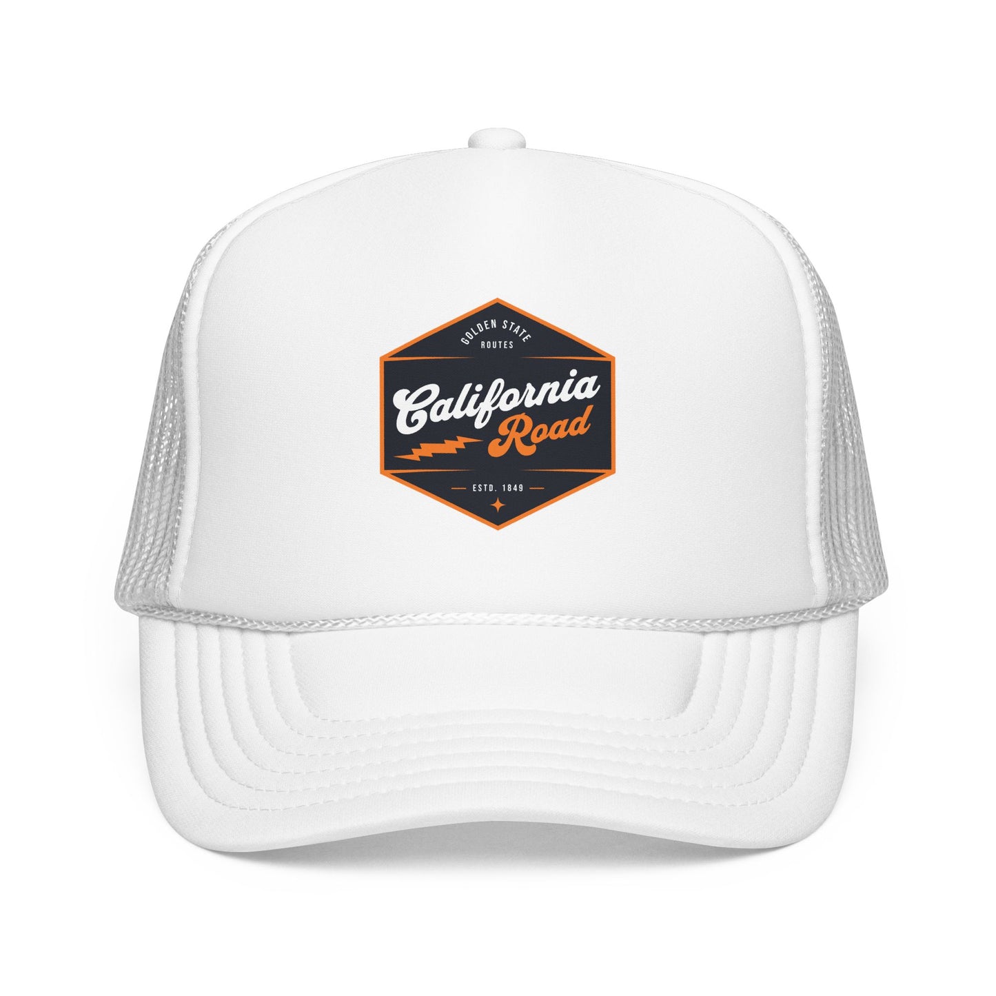 A white trucker hat with a hexagonal 'California Road' graphic on the front panel, featuring orange and black details, set against a plain white background. Trendy Vintage Classic California Road Foam Trucker Hat